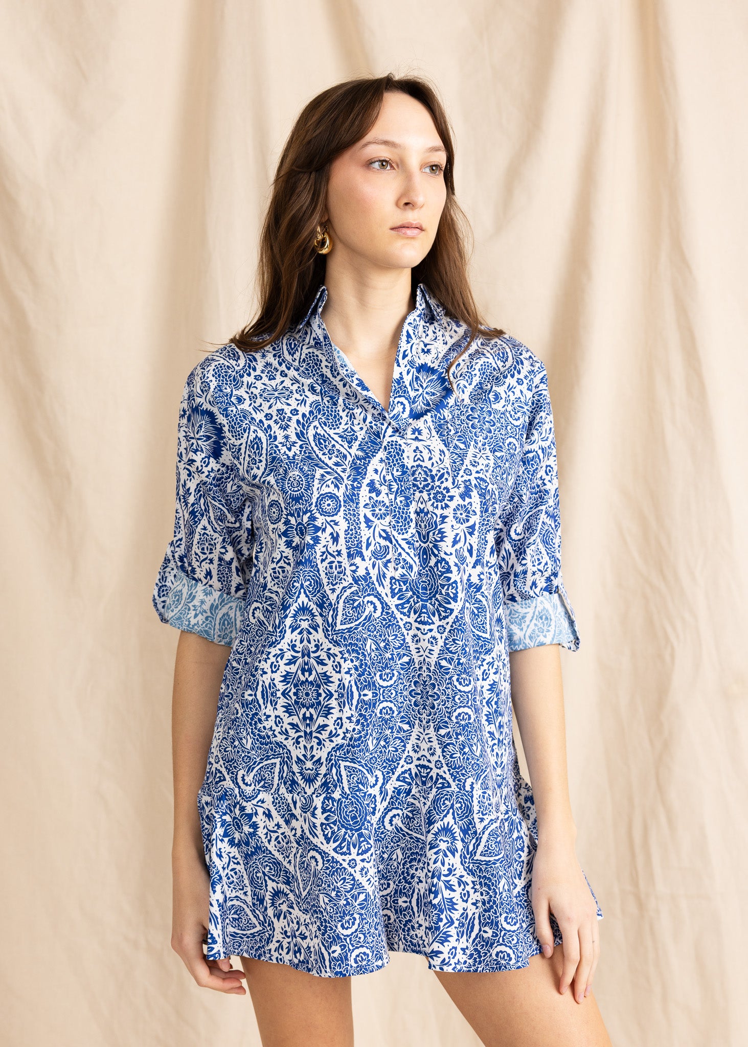 YanaK Portobello mini dress featuring a vibrant medi print design with a flattering silhouette and short sleeves.