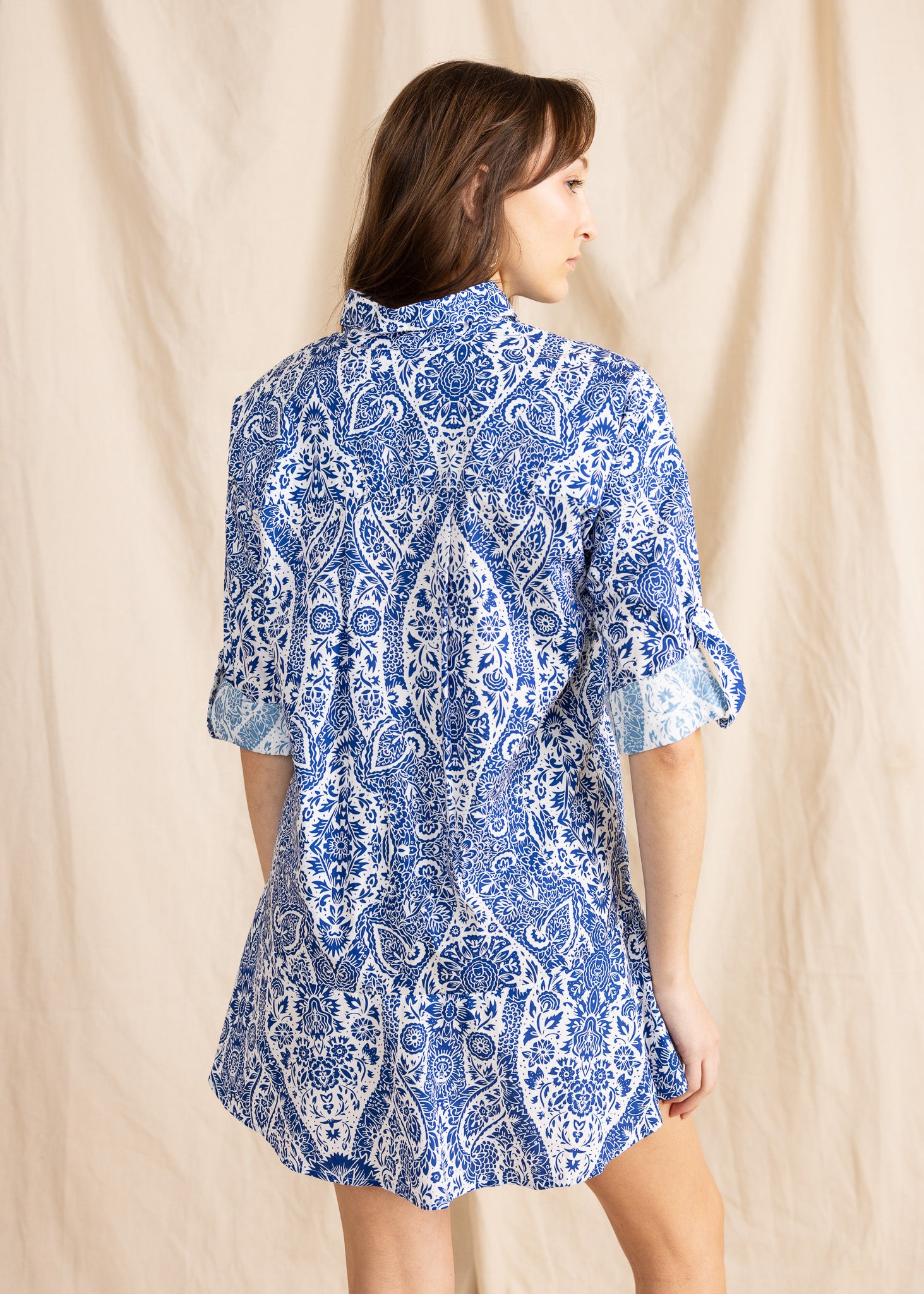 YanaK Portobello mini dress featuring a vibrant medi print design with short sleeves and a flattering silhouette.