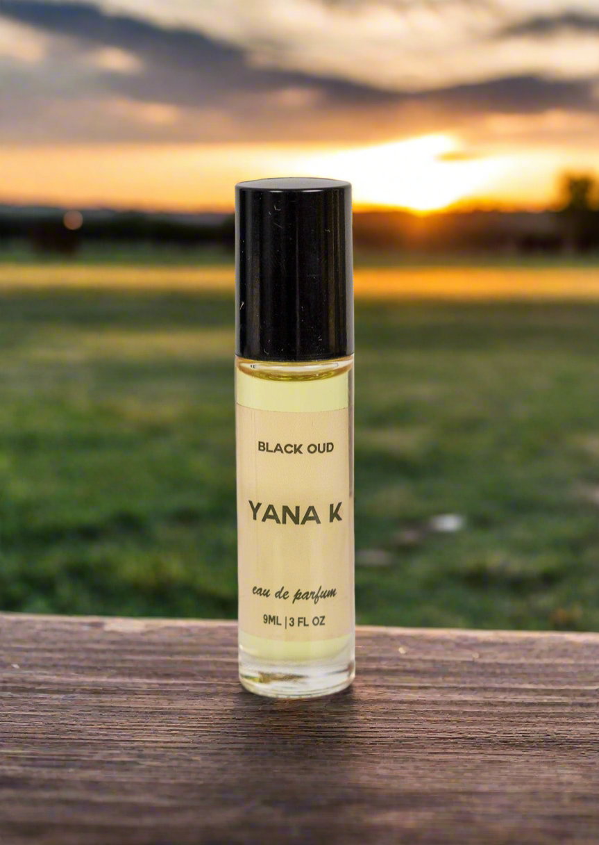 Yana K Black Oud Eau de Parfum bottle with elegant design and dark color, featuring a classic cap and label.