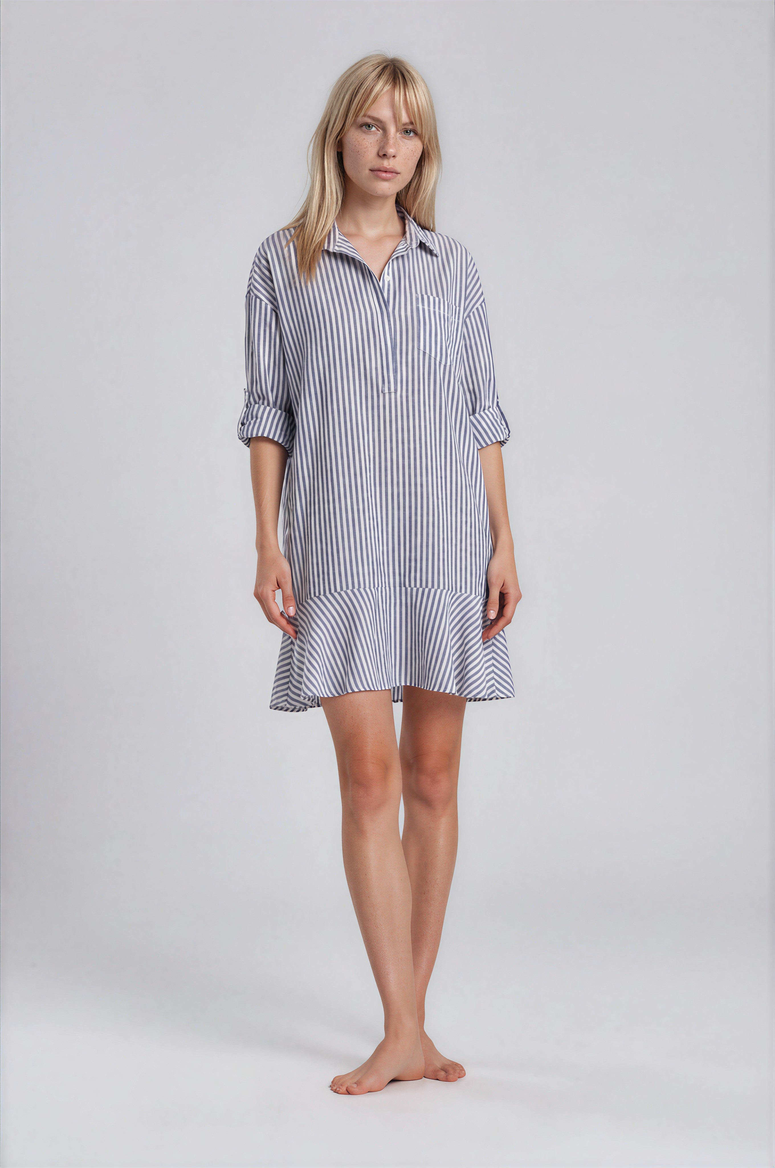 PORTOBELLO women's single ruffle collared roll-tab sleeve cotton stripe seersucker mini dress