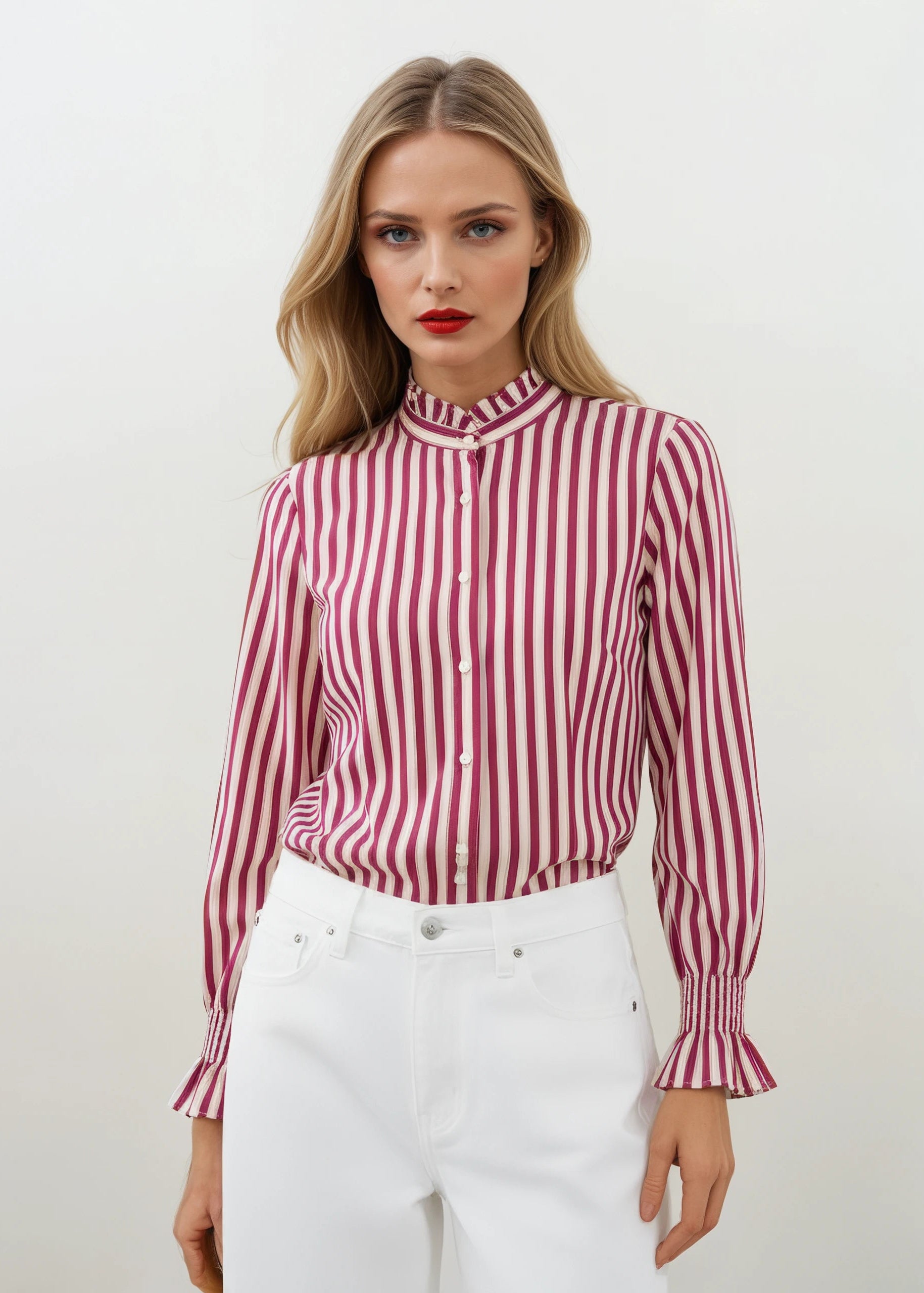 Woman wearing a red and white striped shirt with white pants on a plain background