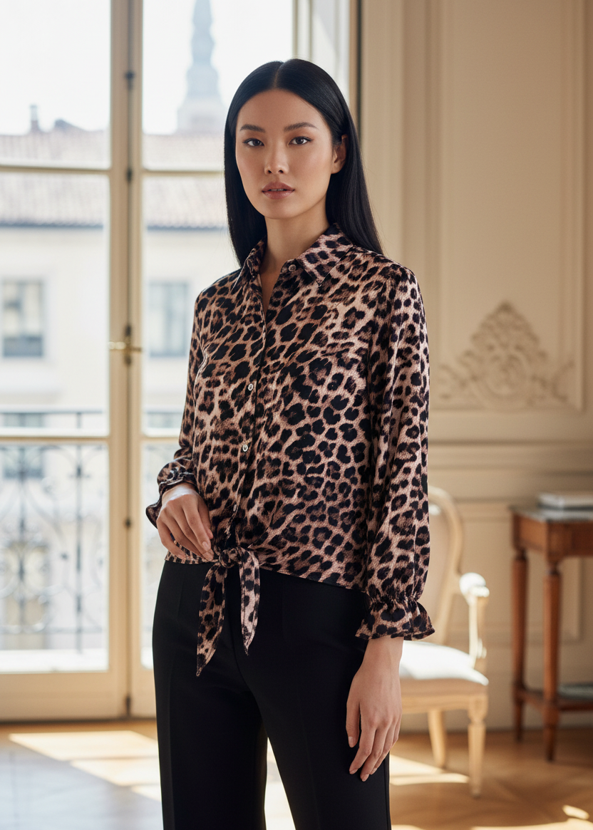 Woman wearing a leopard print shirt in a room with large windows.