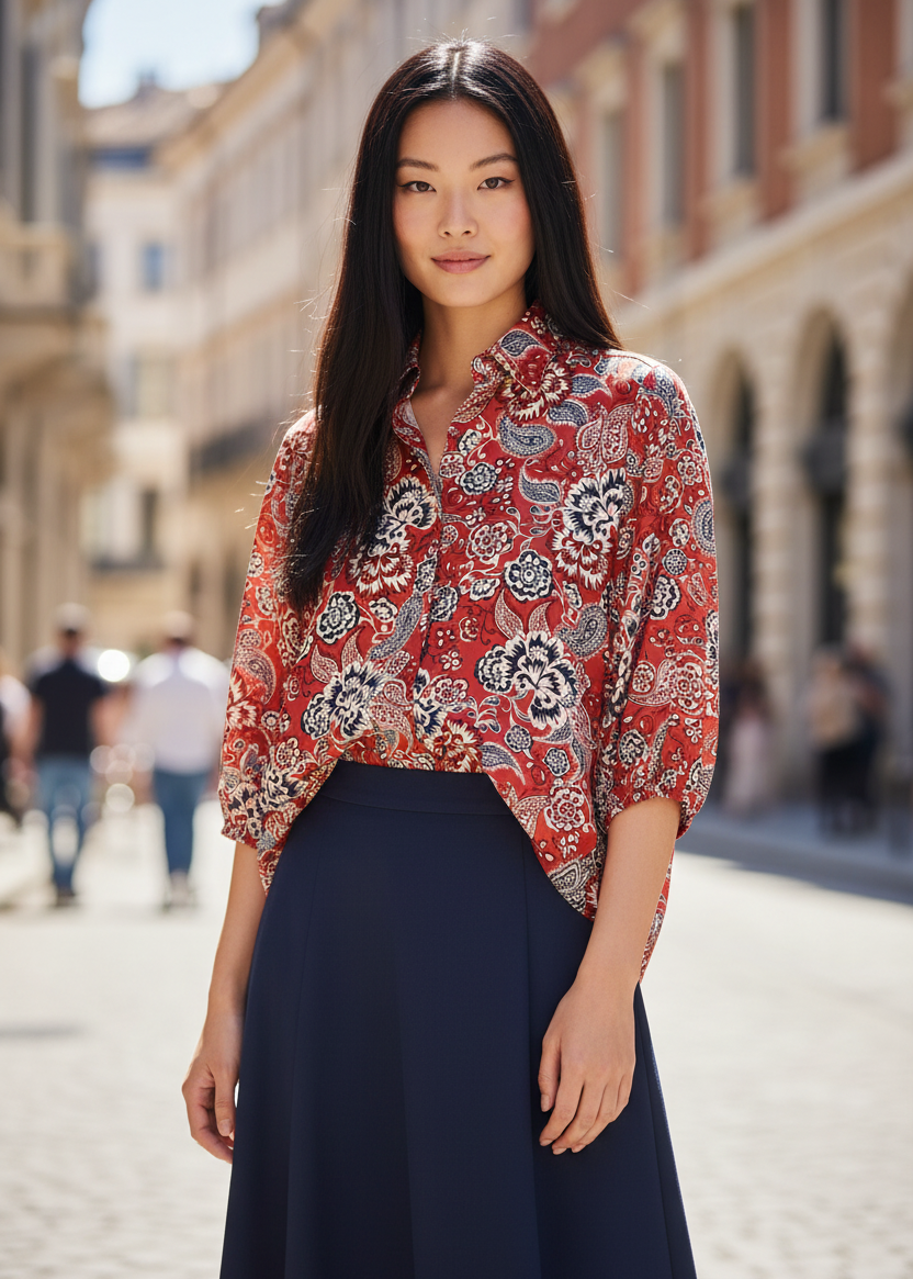 Woman wearing a red patterned blouse and dark blue skirt on a street.