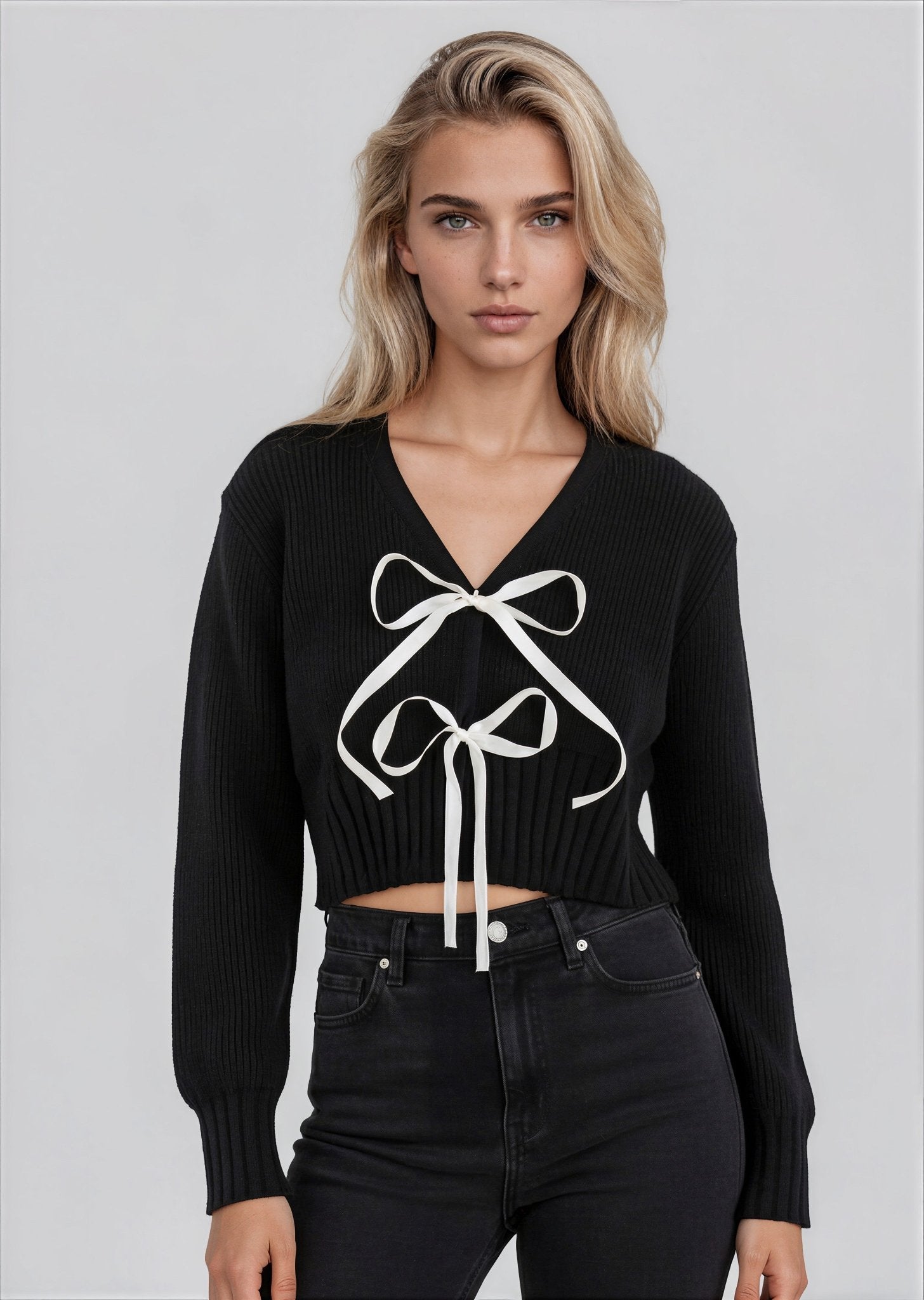 CARMEL heavy knit lace bow tie cardigan sweater - Yana K Collective