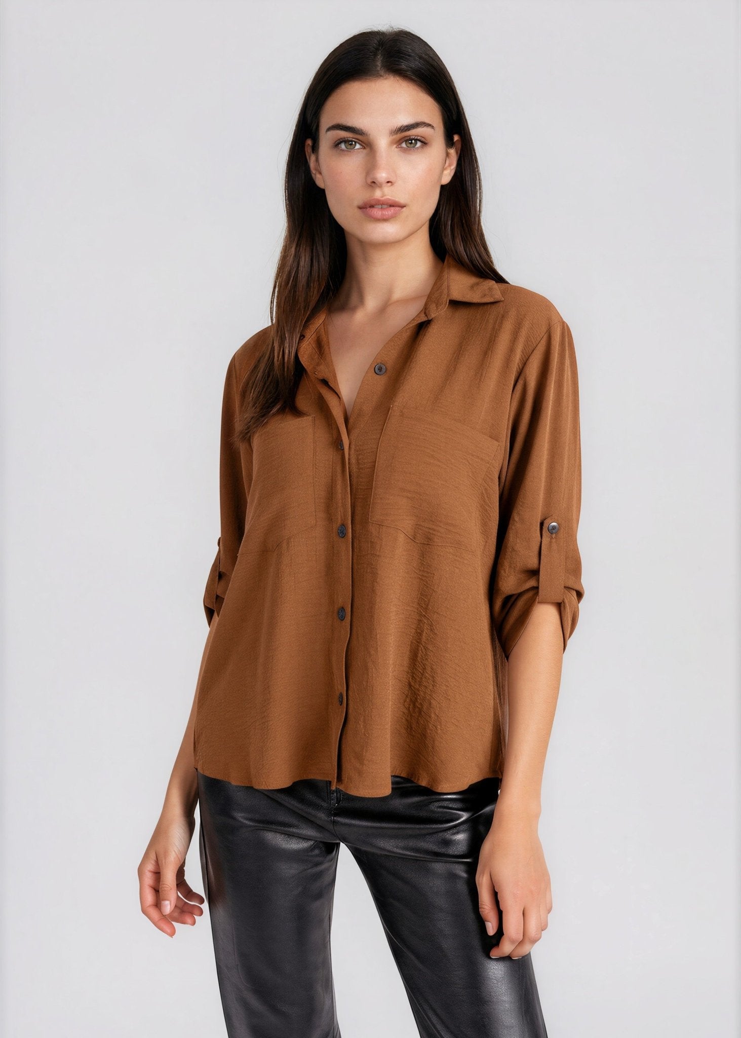 CICI women's collared double pocket slit back blouse - Yana K Collective