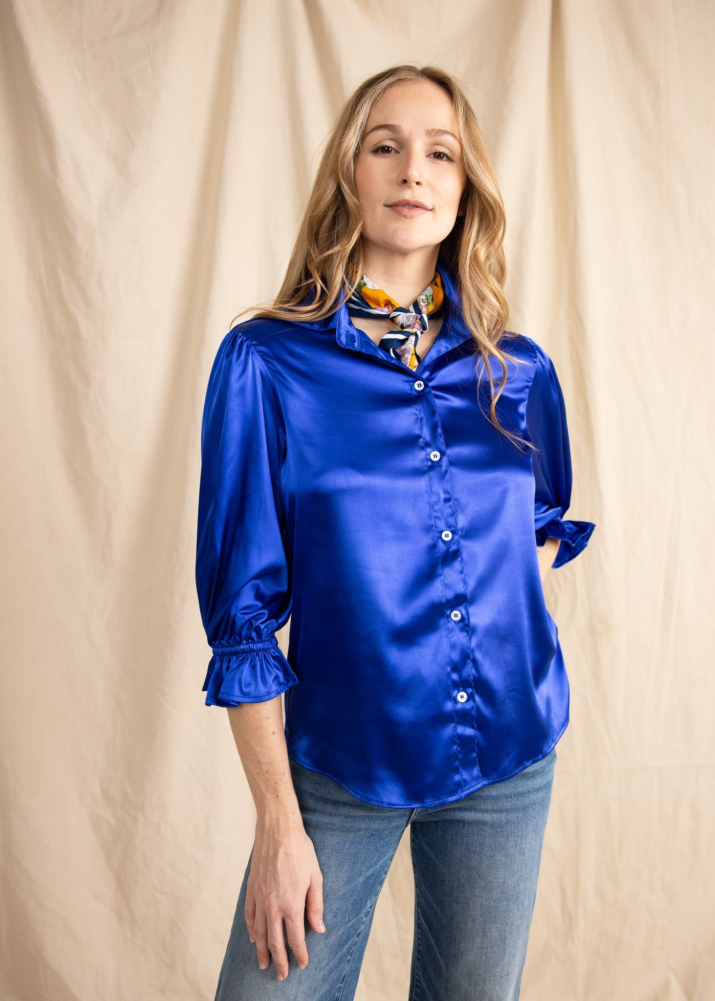 KESH women's collared button down ruffle sleeve satin blouse - Yana K Collective