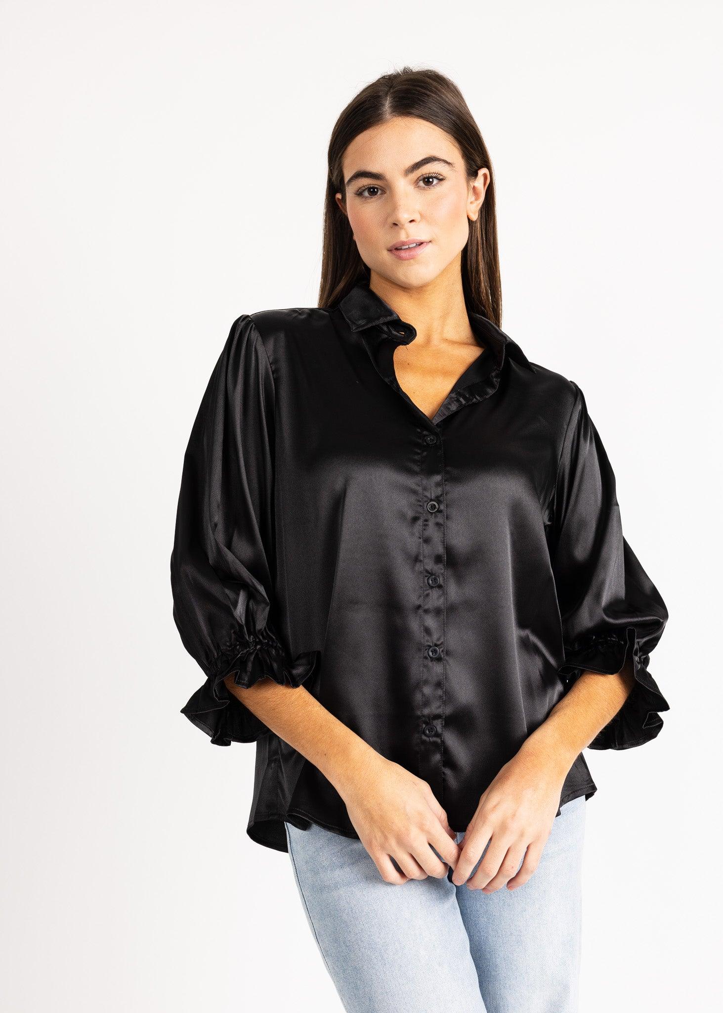 KESH women's collared button down ruffle sleeve satin blouse - Yana K Collective