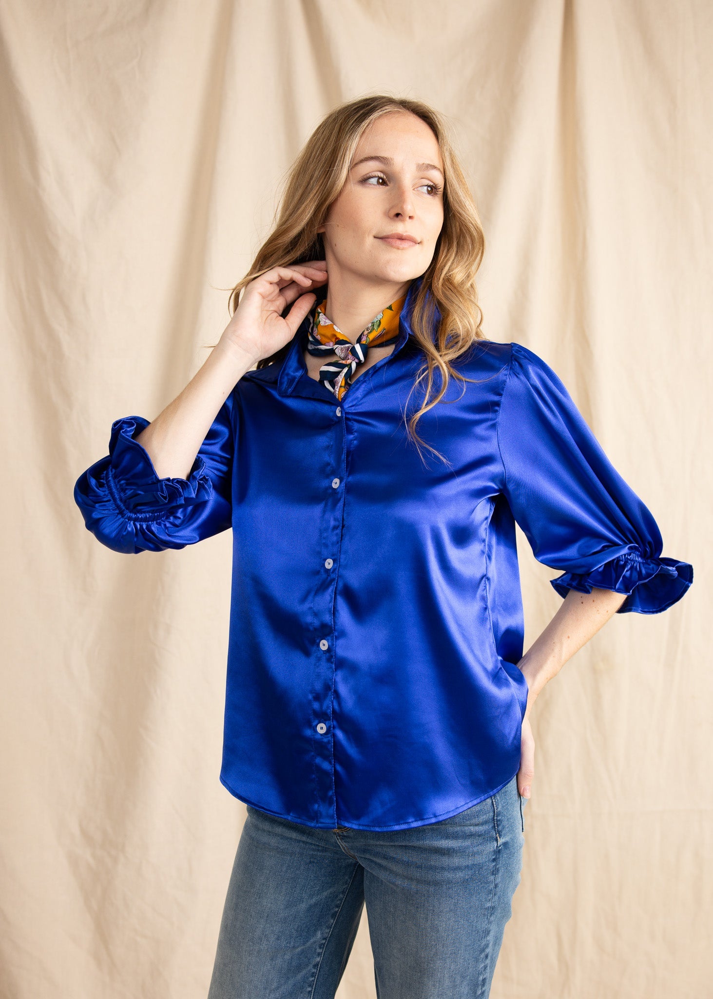 KESH women's collared button down ruffle sleeve satin blouse - Yana K Collective