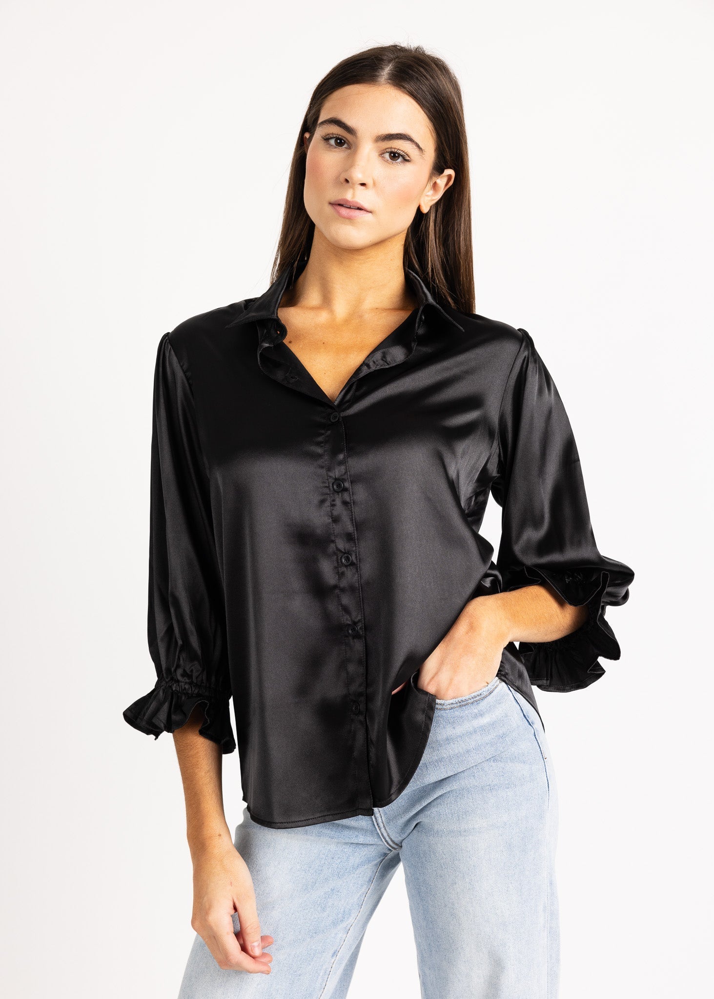 KESH women's collared button down ruffle sleeve satin blouse - Yana K Collective