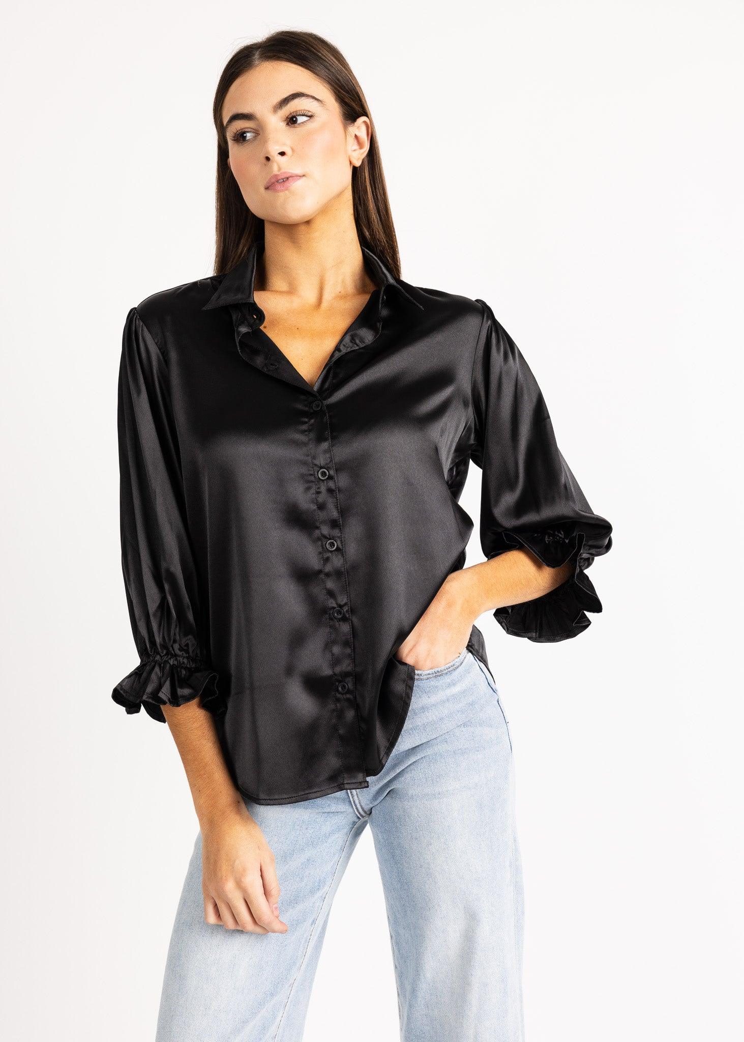 KESH women's collared button down ruffle sleeve satin blouse - Yana K Collective