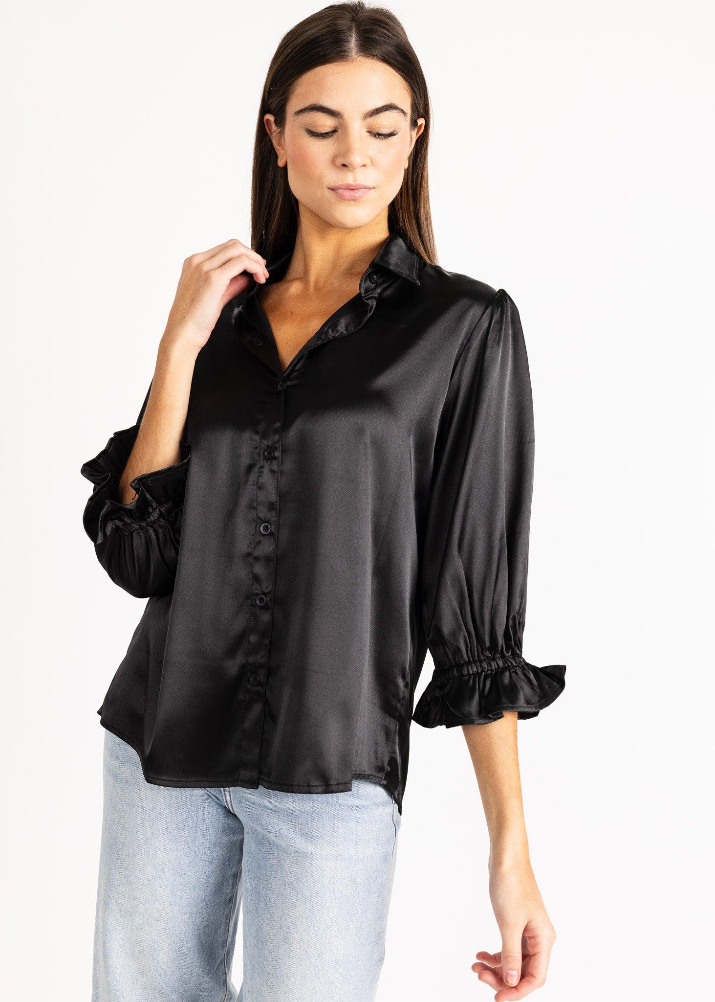 KESH women's collared button down ruffle sleeve satin blouse - Yana K Collective
