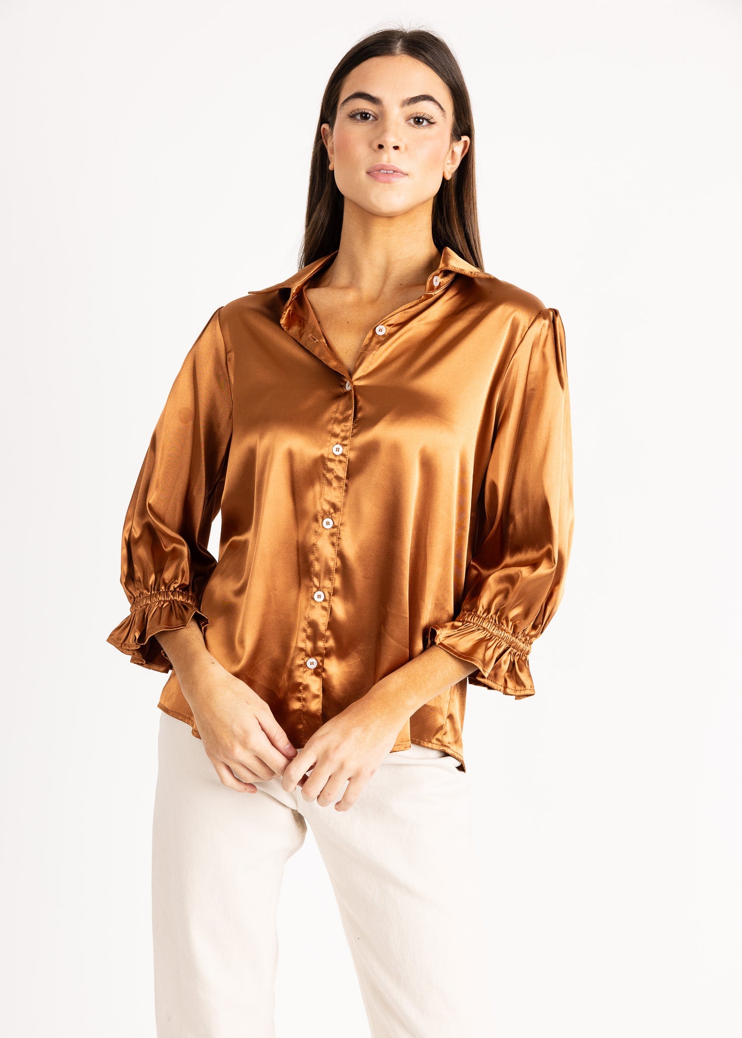 KESH women's collared button down ruffle sleeve satin blouse - Yana K Collective