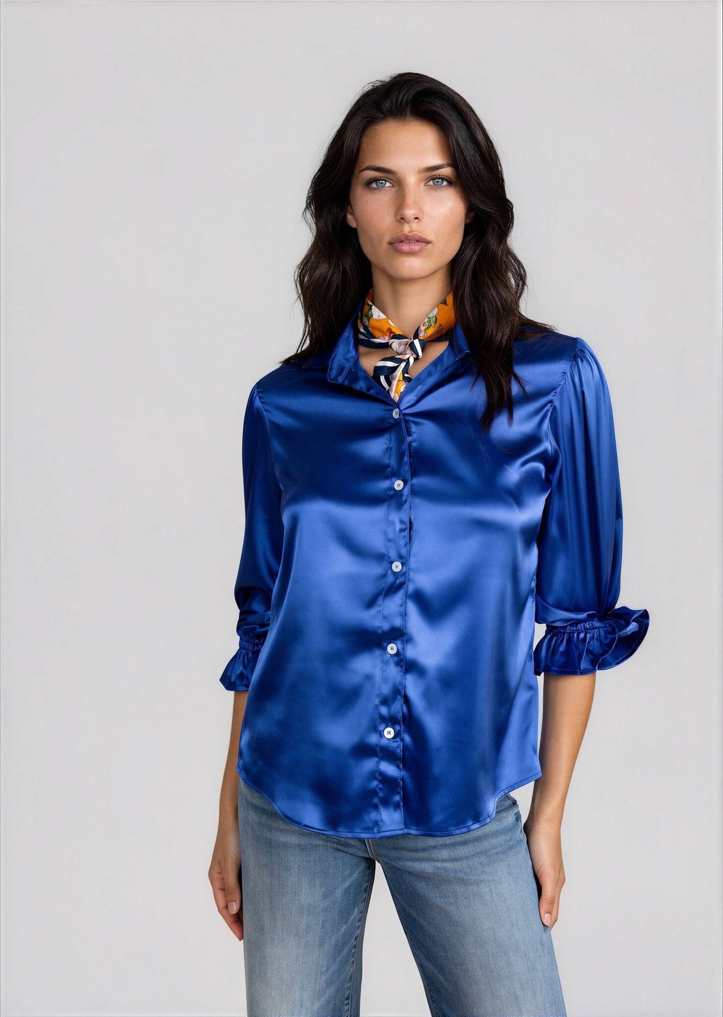 KESH women's collared button down ruffle sleeve satin blouse - Yana K Collective