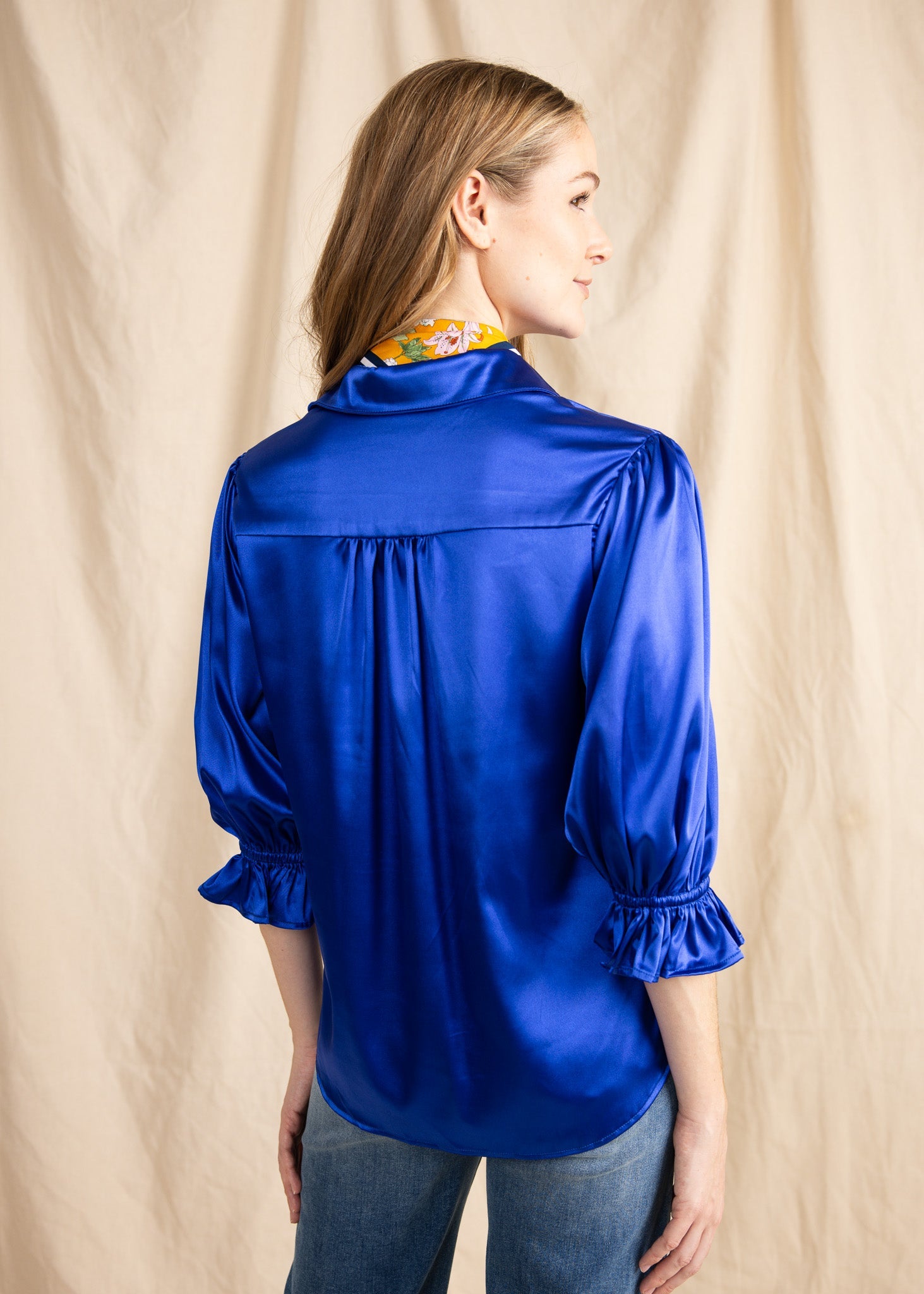 KESH women's collared button down ruffle sleeve satin blouse - Yana K Collective