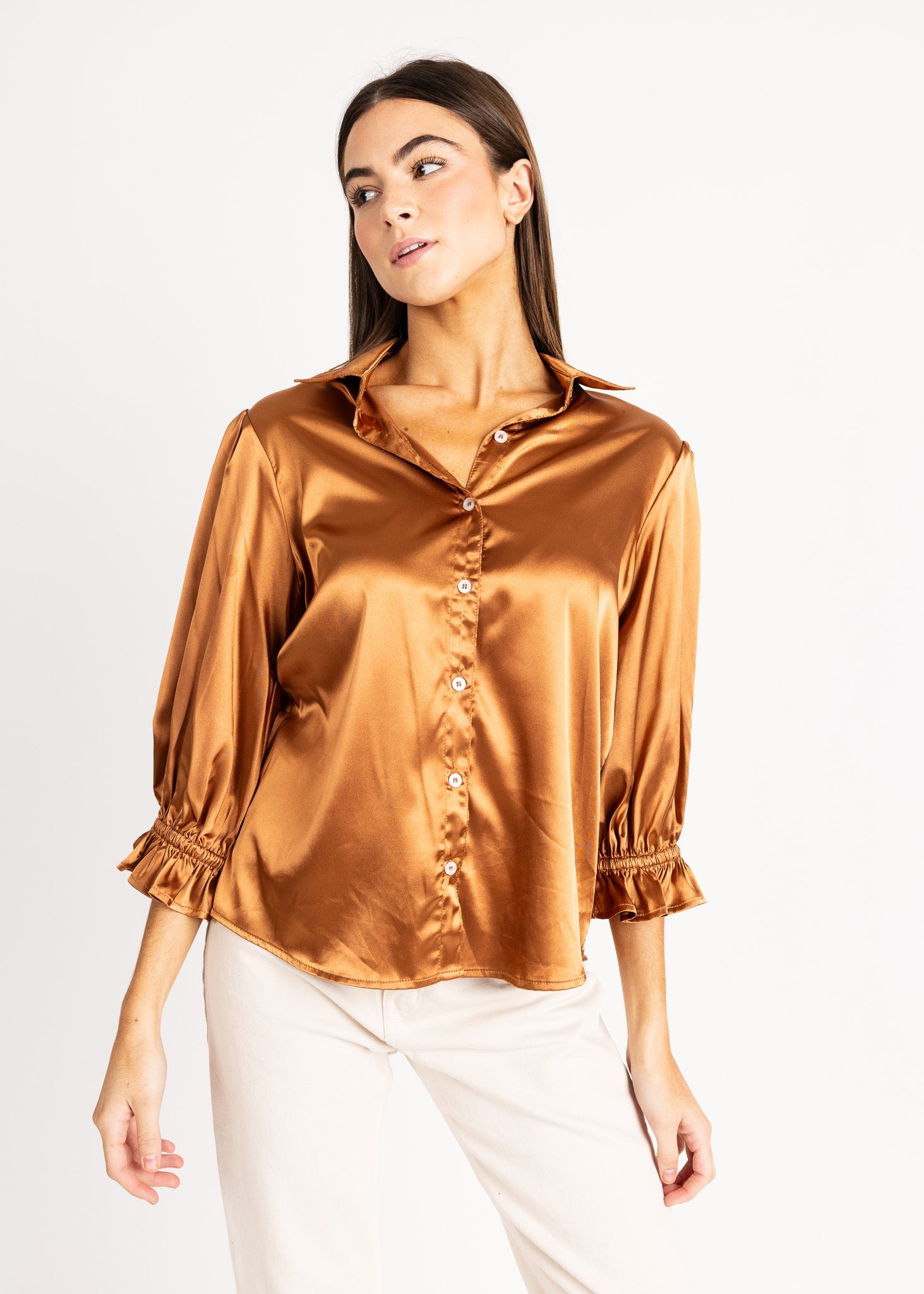KESH women's collared button down ruffle sleeve satin blouse - Yana K Collective