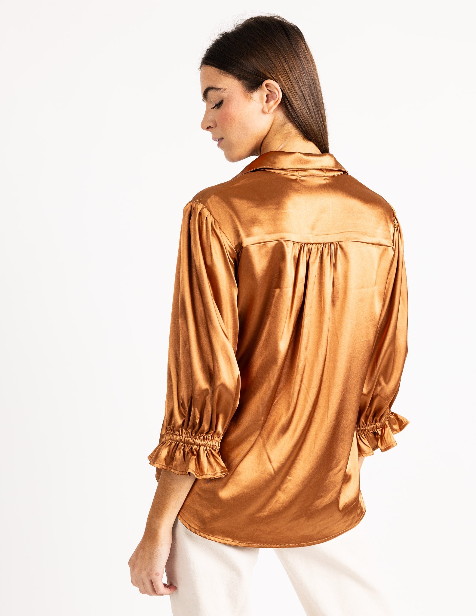 KESH women's collared button down ruffle sleeve satin blouse - Yana K Collective