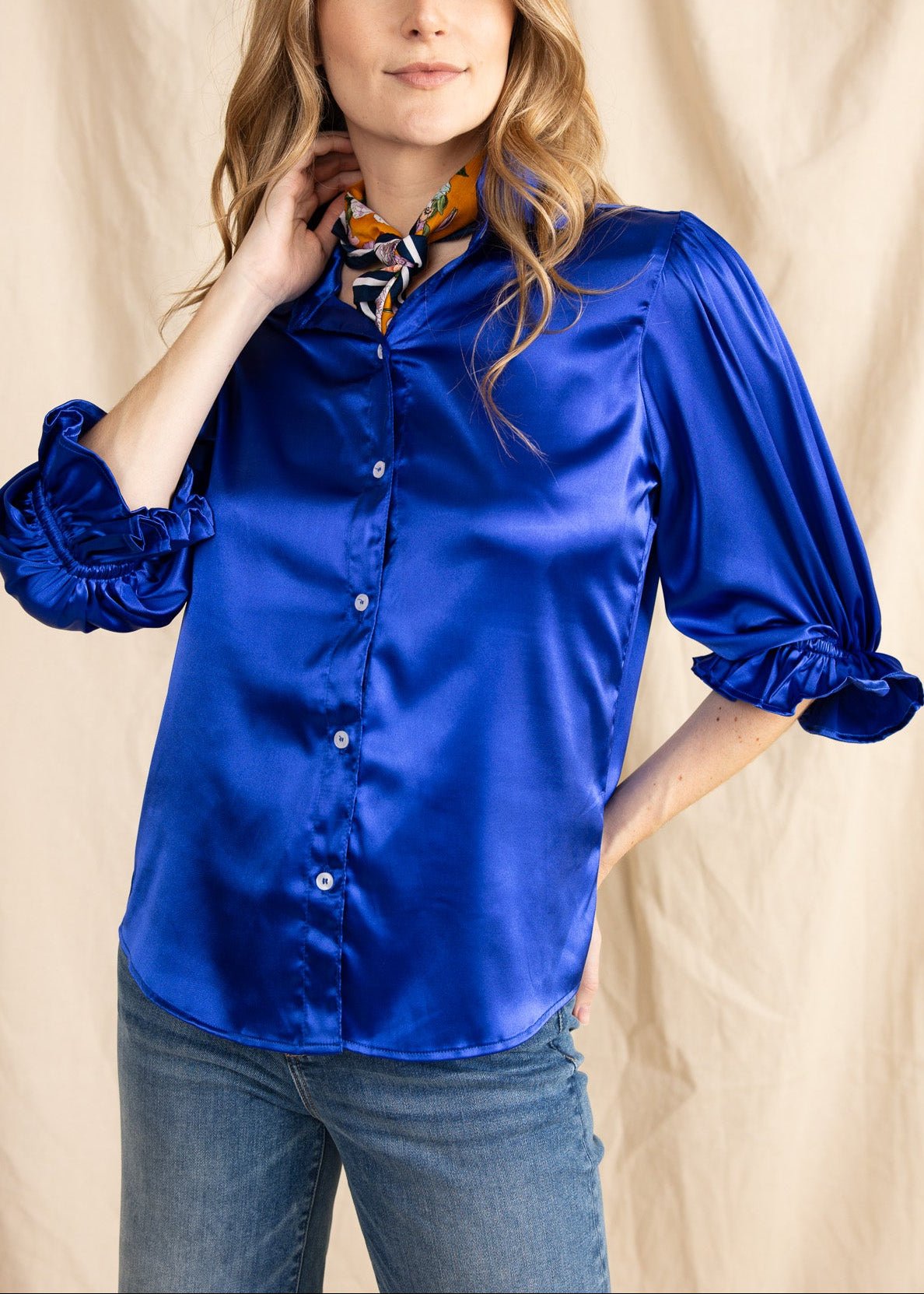 KESH women's collared button down ruffle sleeve satin blouse - Yana K Collective