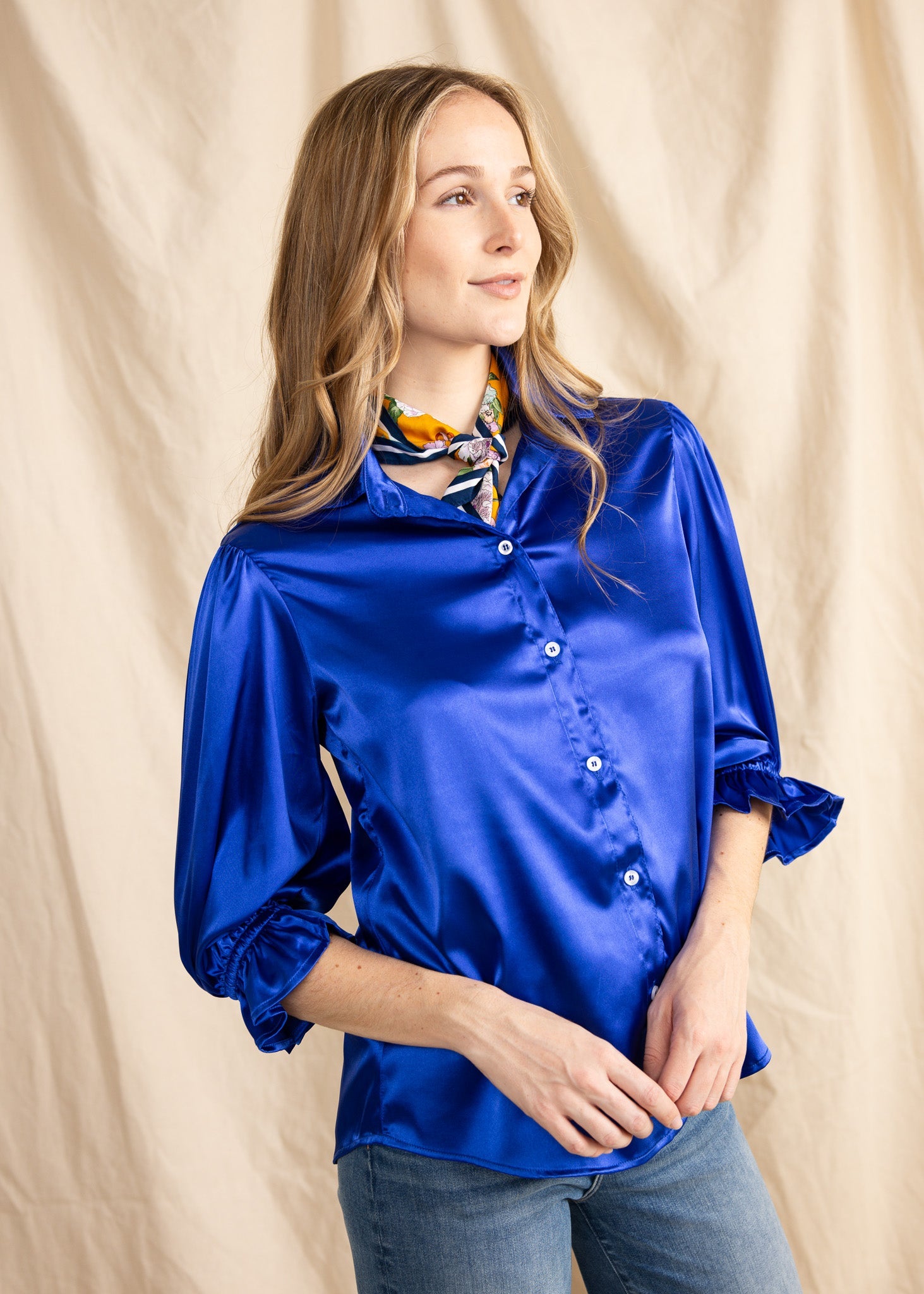 KESH women's collared button down ruffle sleeve satin blouse - Yana K Collective