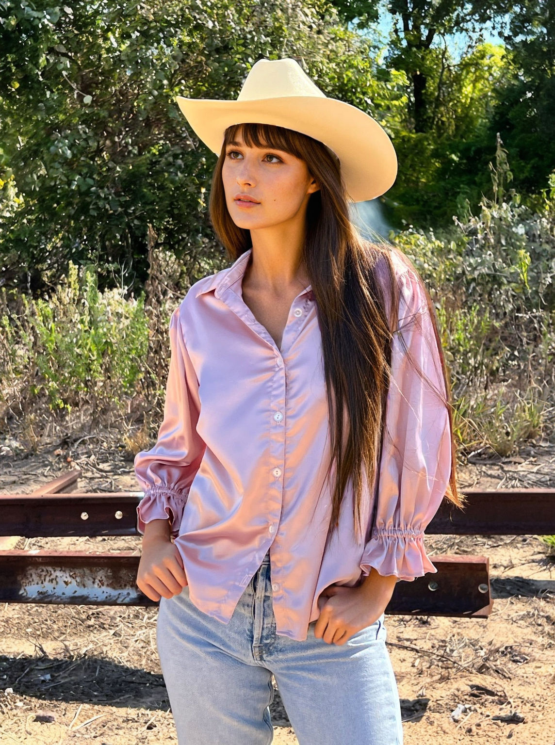 KESH women's collared button down ruffle sleeve satin blouse - Yana K Collective