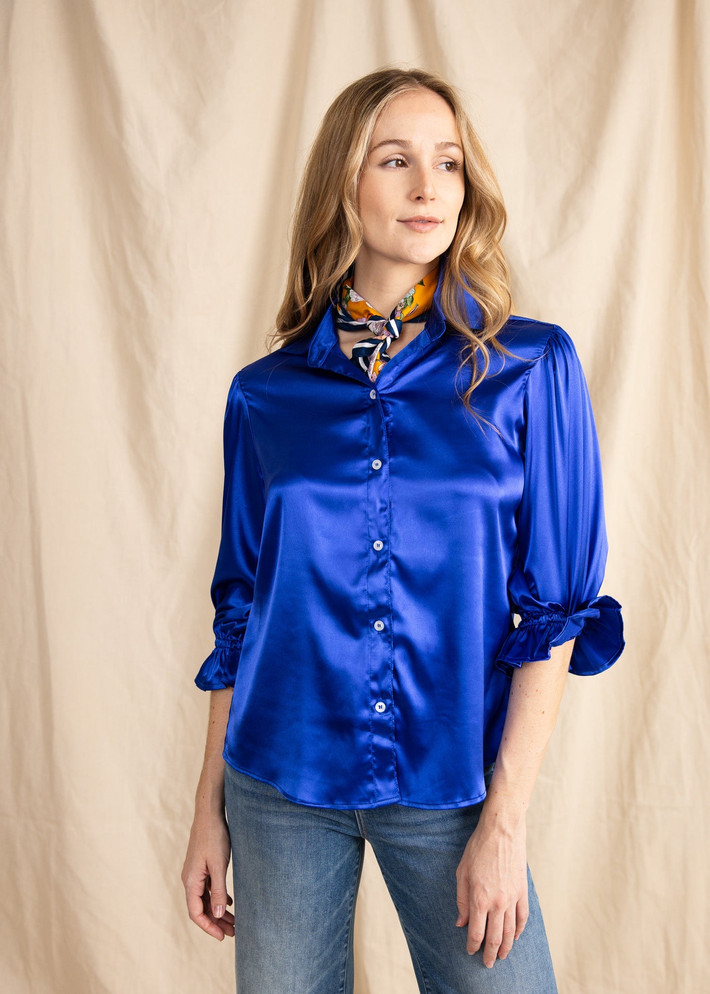 KESH women's collared button down ruffle sleeve satin blouse - Yana K Collective