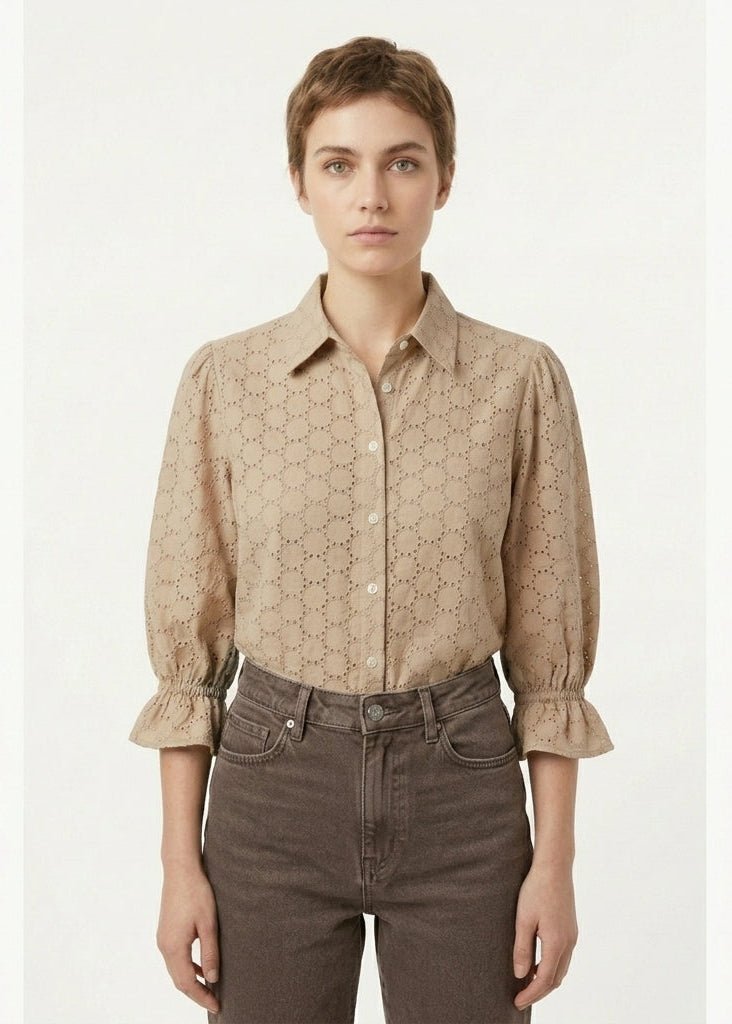 KESH women's cotton embroidered taupe blouse - Yana K Collective