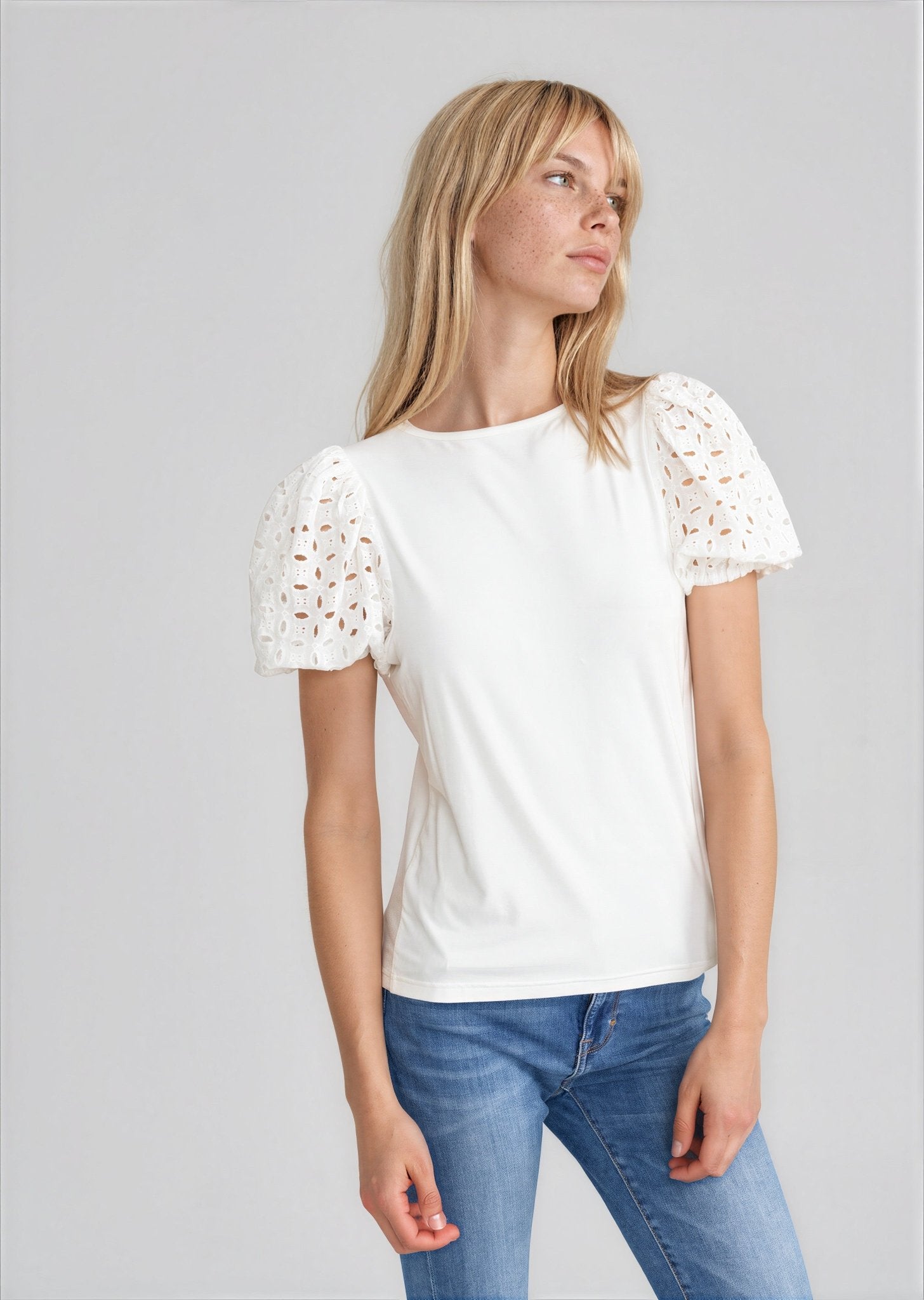 MATTEO women's eyelet gathered shoulder rounded neck tee - Yana K Collective