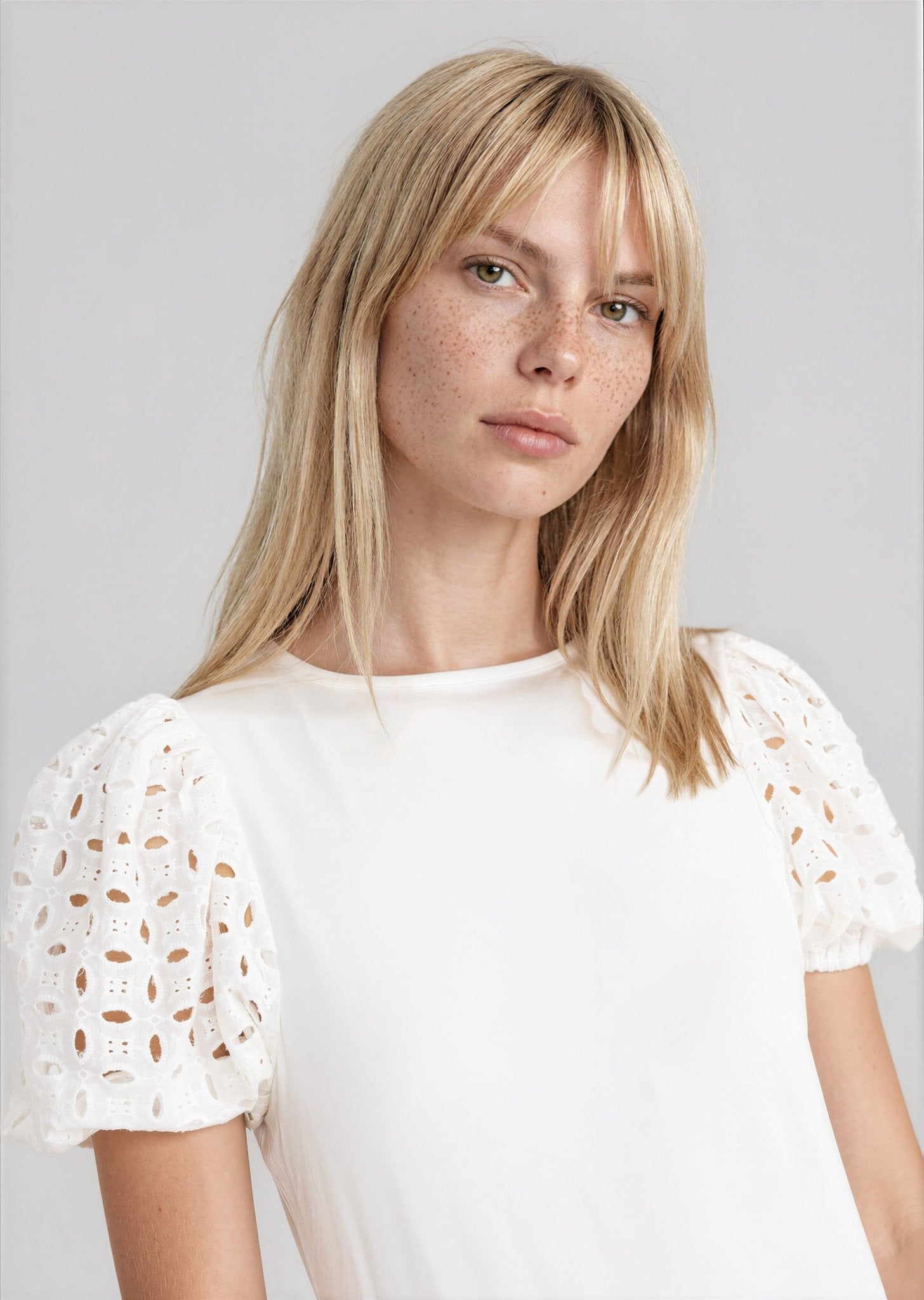 MATTEO women's eyelet gathered shoulder rounded neck tee - Yana K Collective