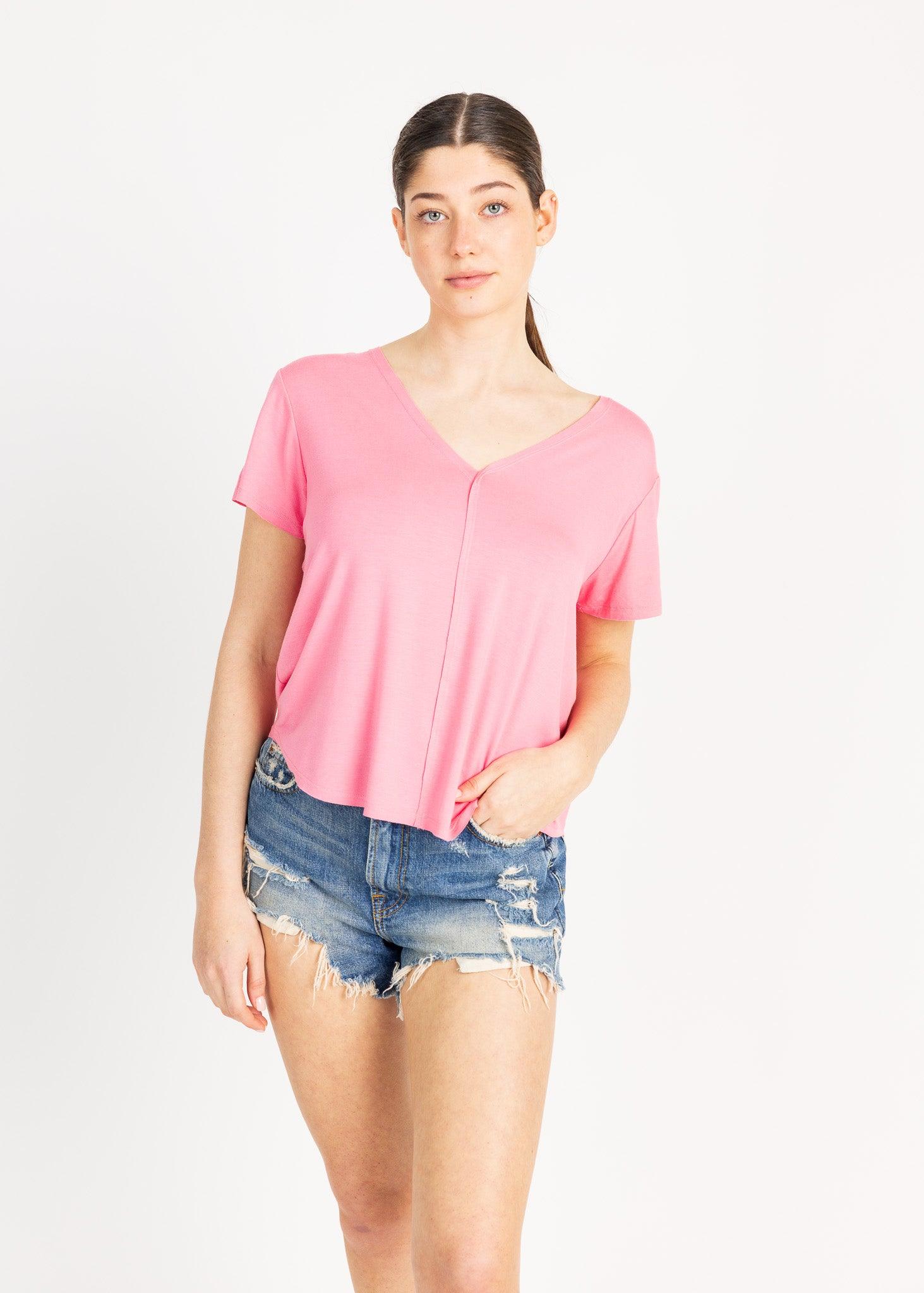 Classic V-neck pink top with raw edge and short sleeves.