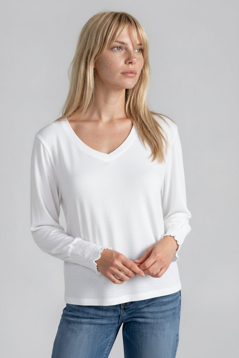 POLLY women's vneck long sleeve smocked cuff tee - Yana K Collective