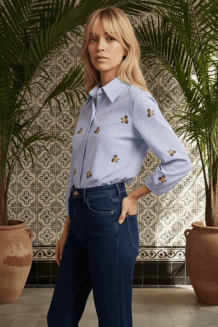 SASHA womens butterfly embroidered striped seersucker blouse - Yana K Collective
