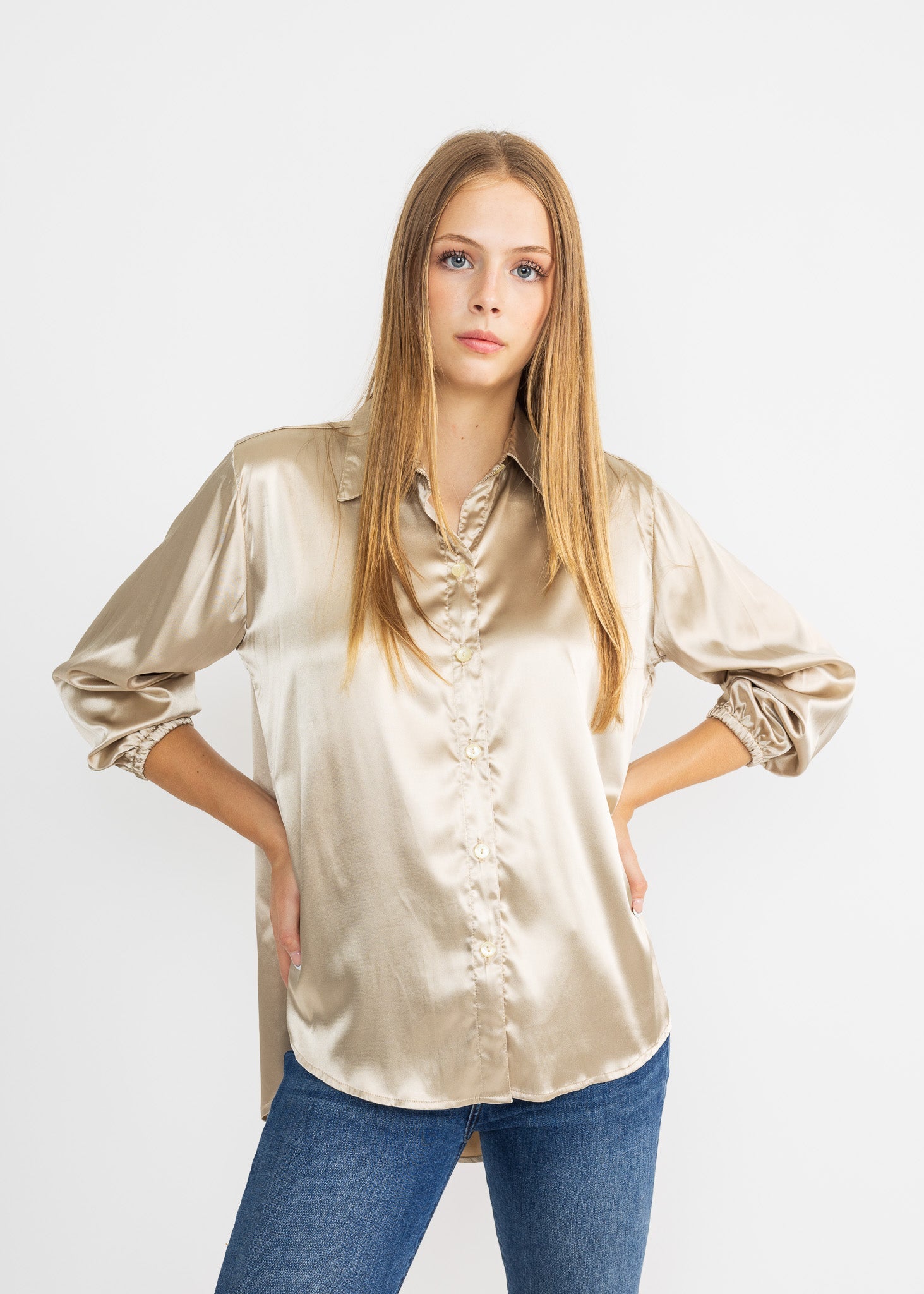 SASHA women's collared button down high low satin blouse - Yana K Collective