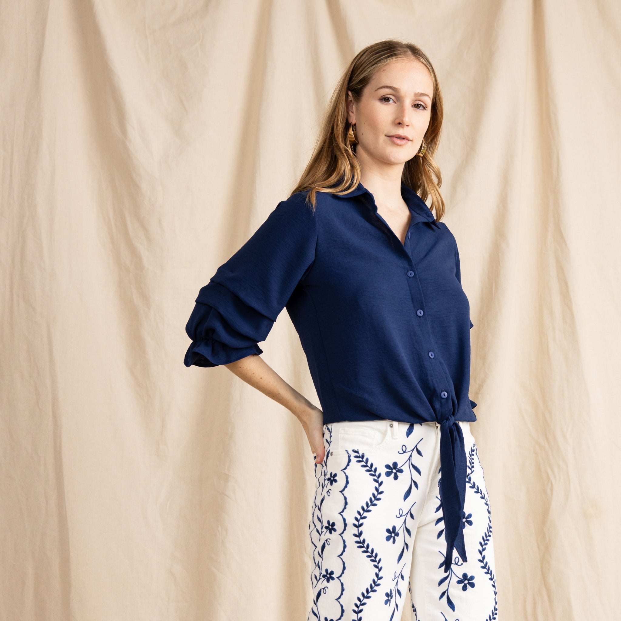 ZAURI women's collared button down ruffle sleeve tie front blouse - Yana K Collective