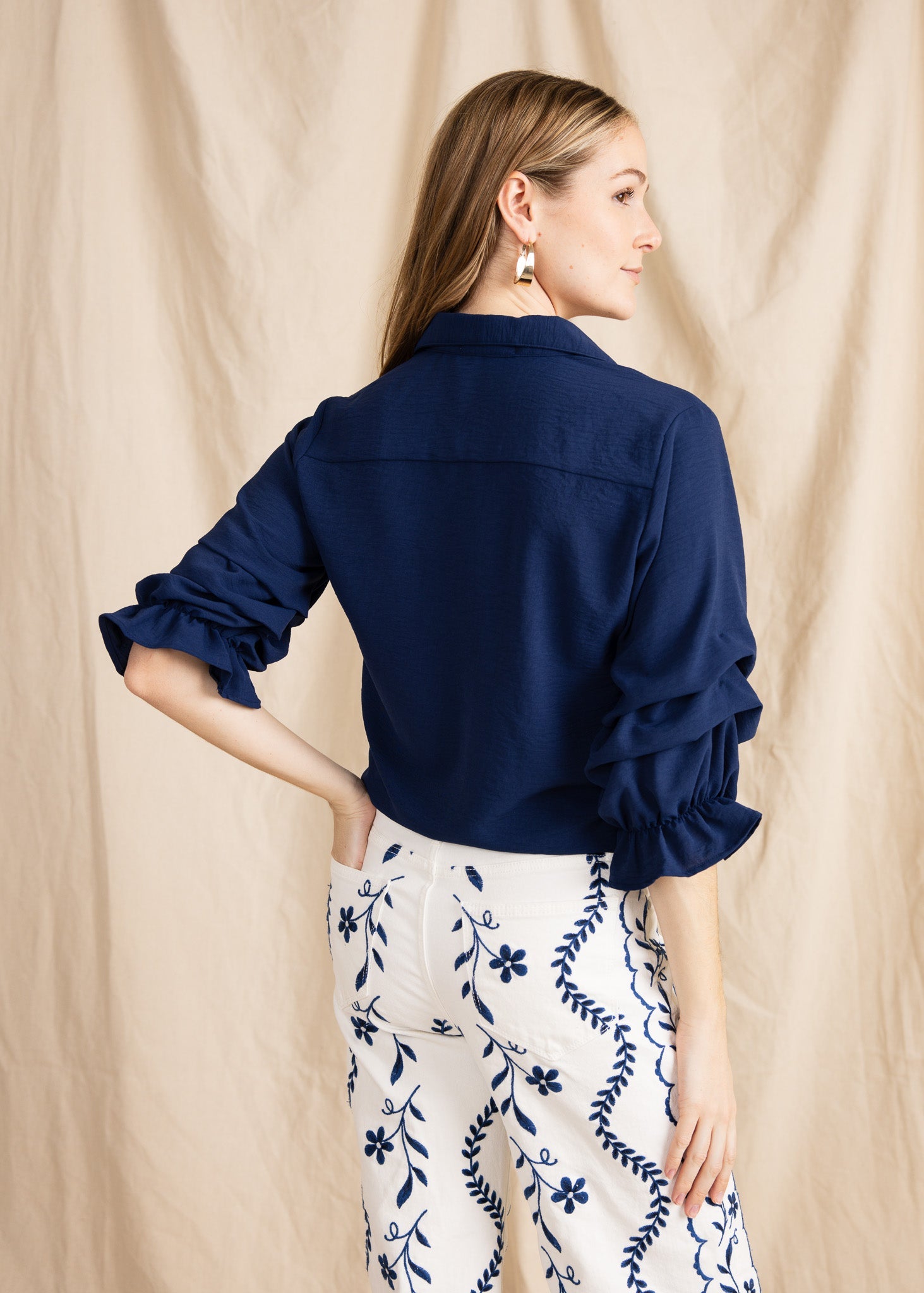 ZAURI women's collared button down ruffle sleeve tie front blouse - Yana K Collective