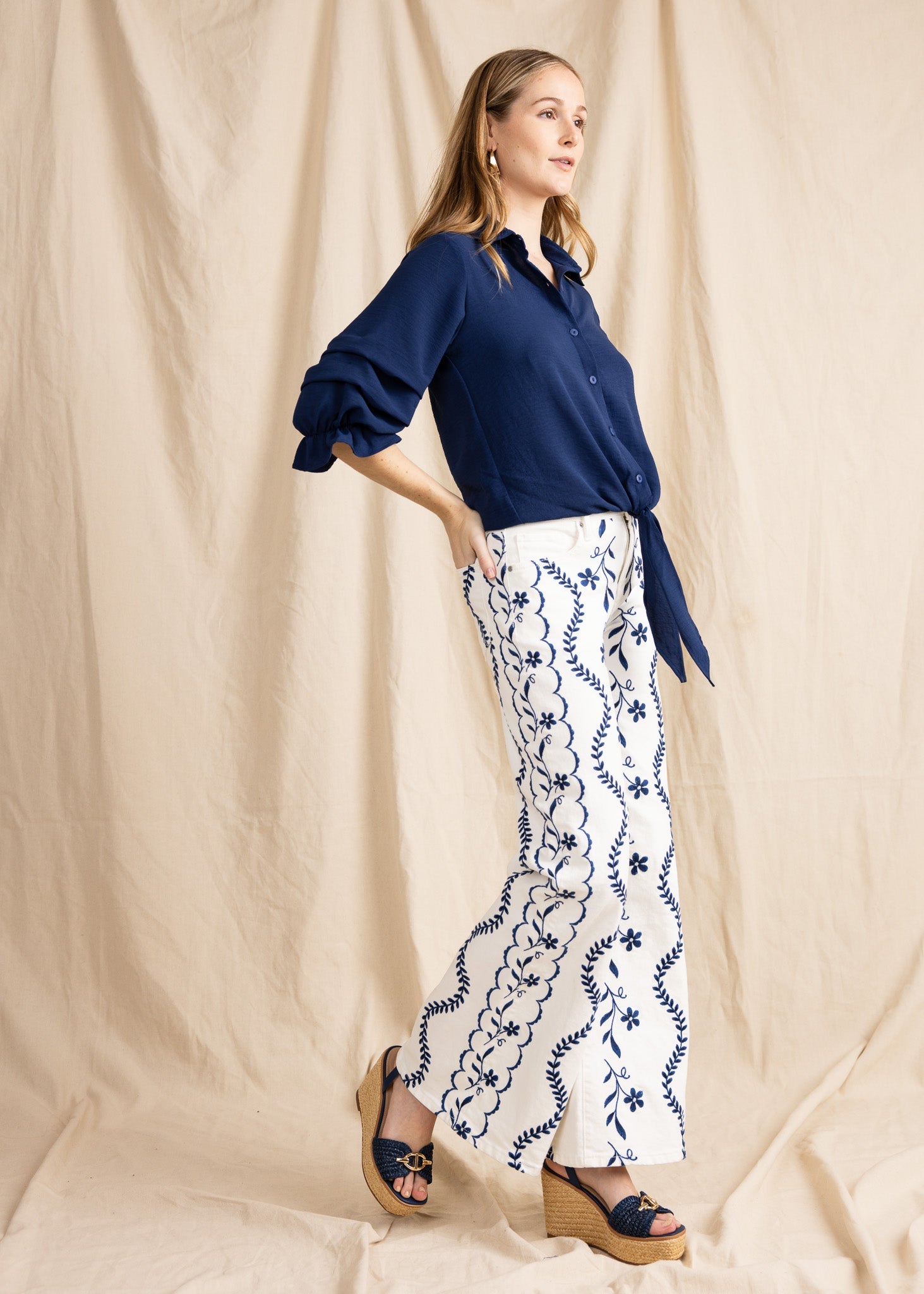 ZAURI women's collared button down ruffle sleeve tie front blouse - Yana K Collective