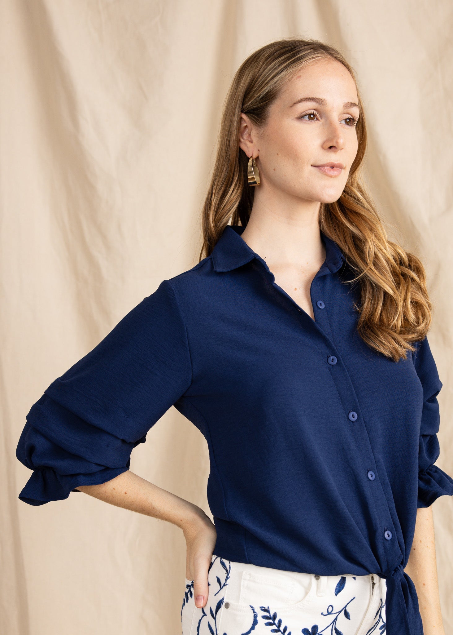 ZAURI women's collared button down ruffle sleeve tie front blouse - Yana K Collective
