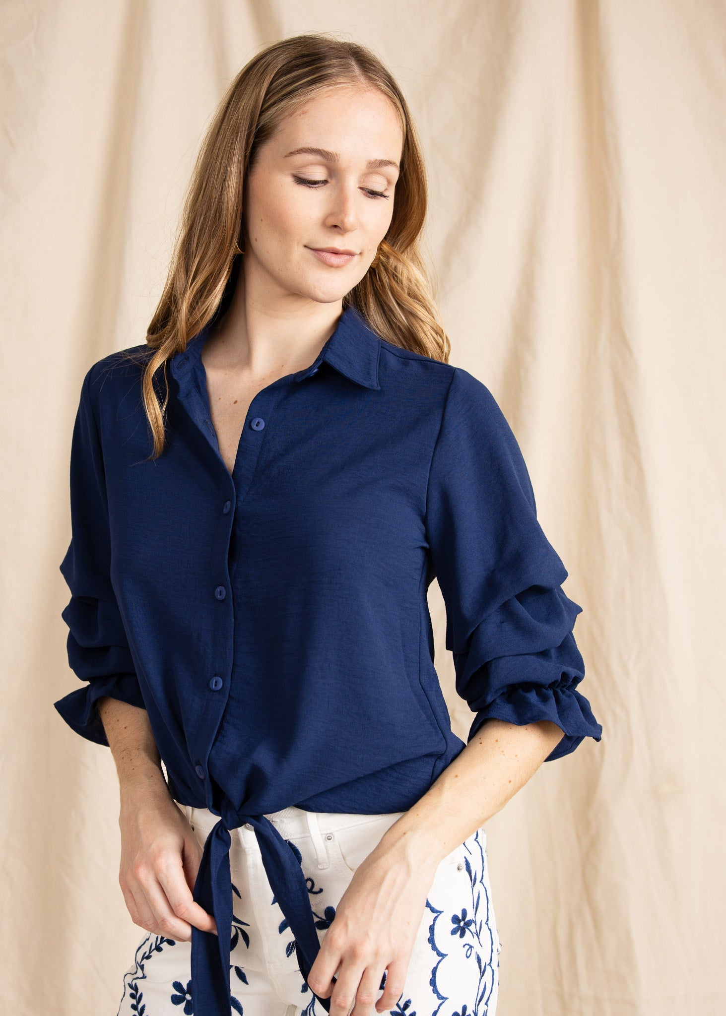 ZAURI women's collared button down ruffle sleeve tie front blouse - Yana K Collective