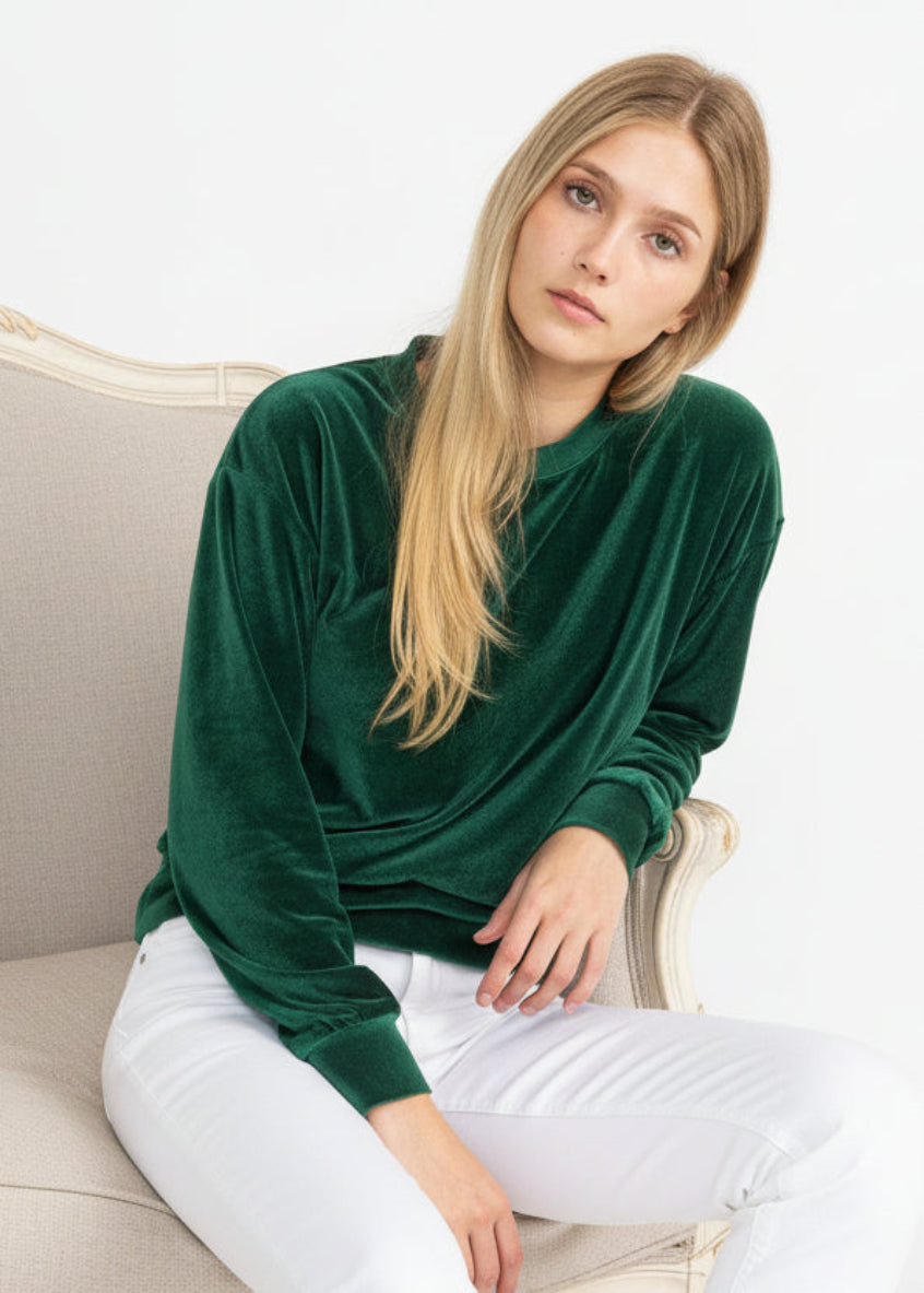 Soft velvet Vicky sweater in deep navy by YanaK, featuring long sleeves and a relaxed fit for cozy outerwear.