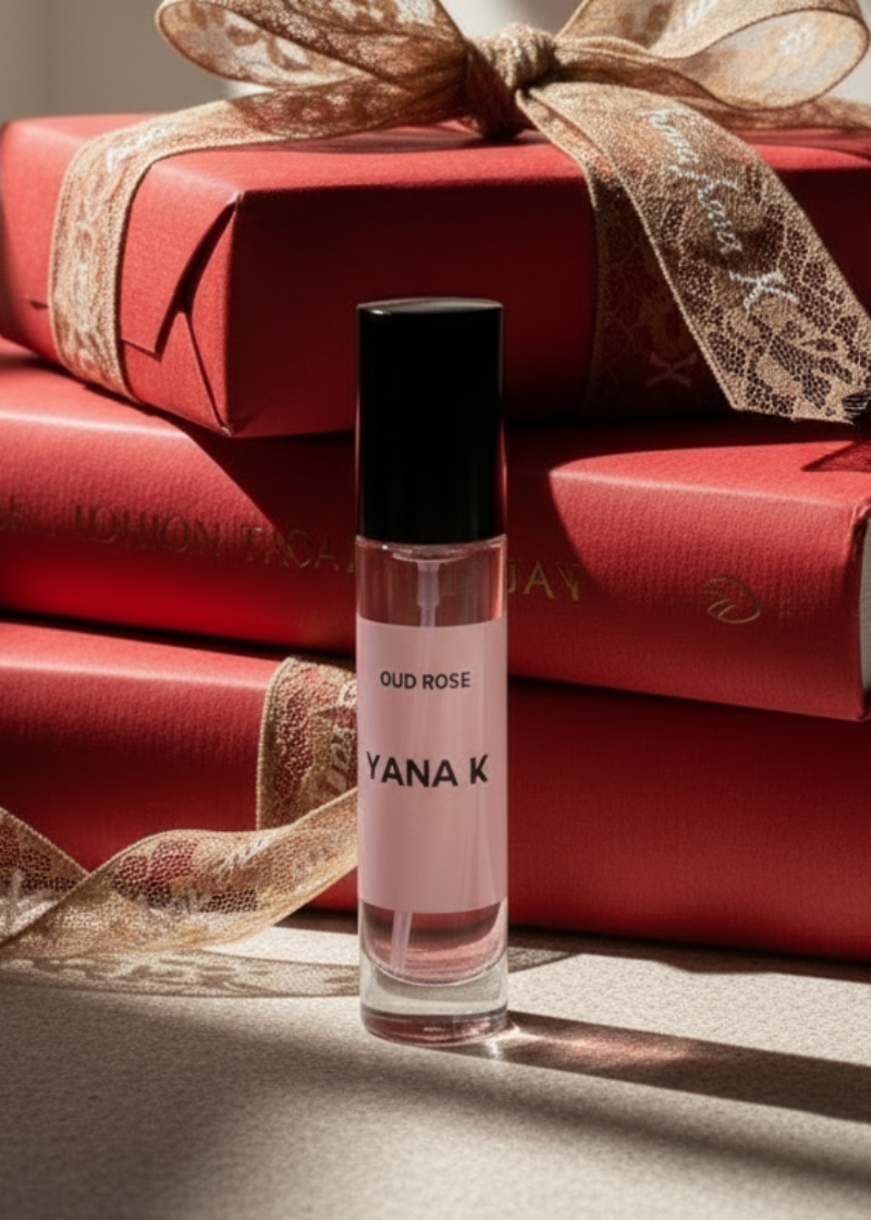 Perfume bottle labeled 'YANA K' with red wrapped gifts in the background