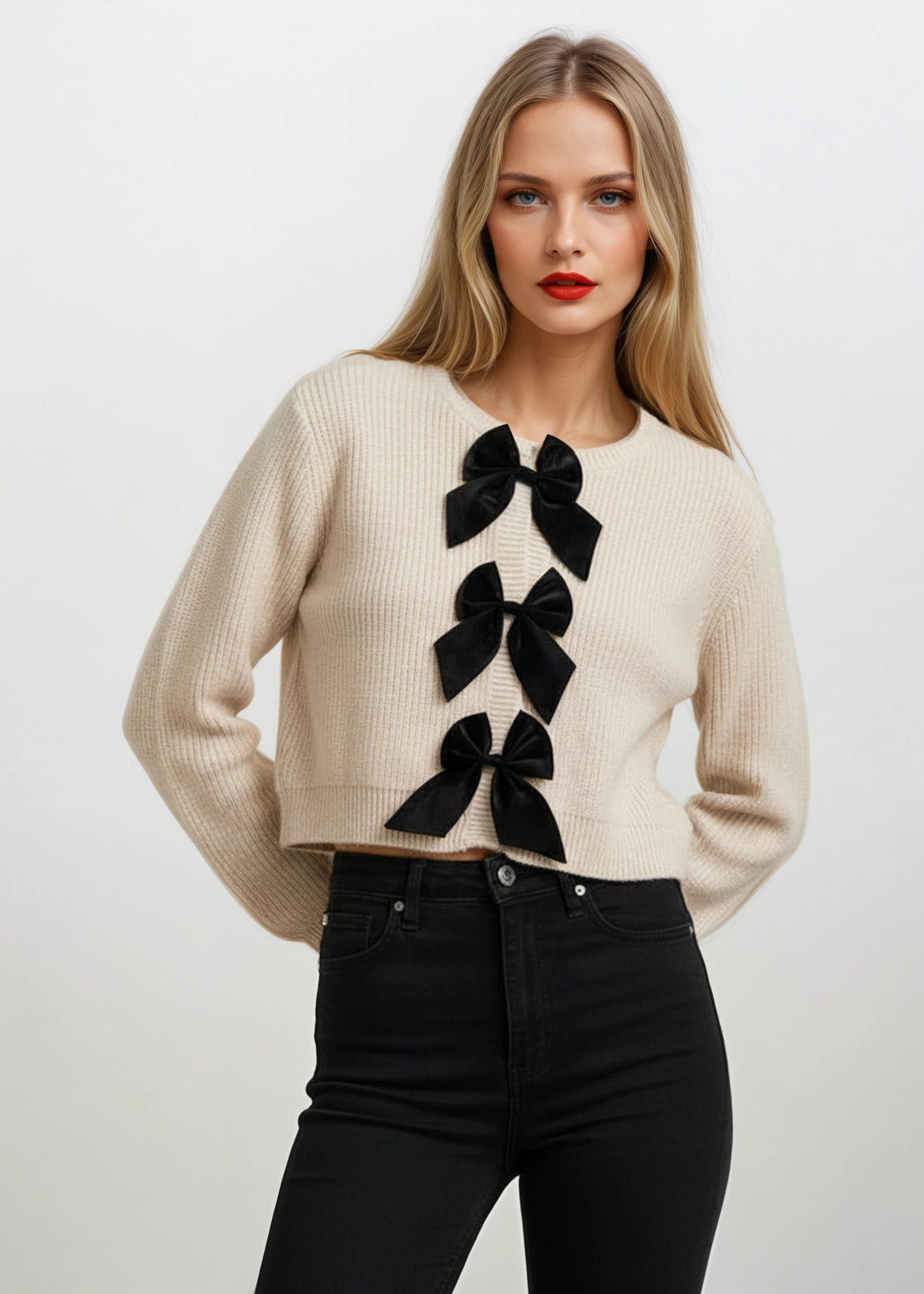 Woman wearing a beige sweater with black bow details on a white background