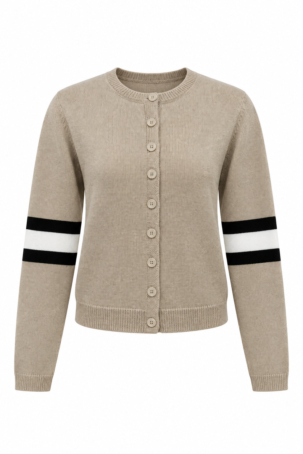 Mannequin wearing a beige uniform with black and white stripes on a light gray background