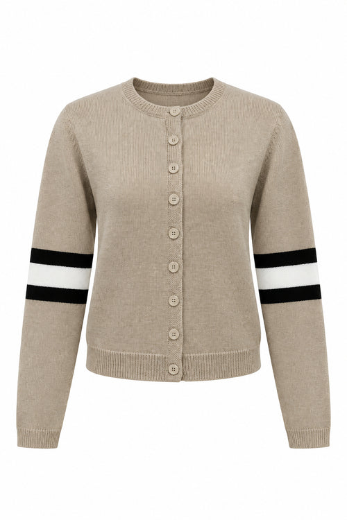 Mannequin wearing a beige uniform with black and white stripes on a light gray background