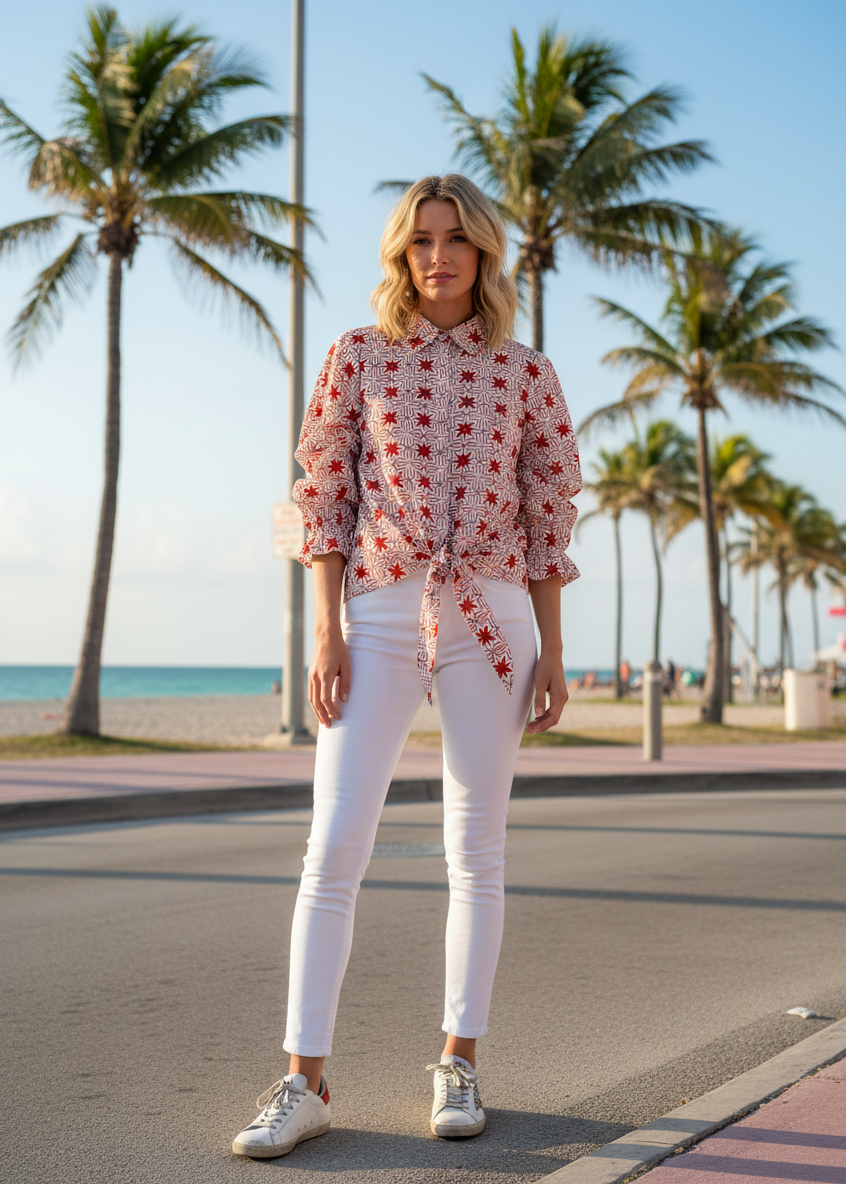 Woman in a red patterned blouse and white pants standing on a street with palm trees and a beach in the background.