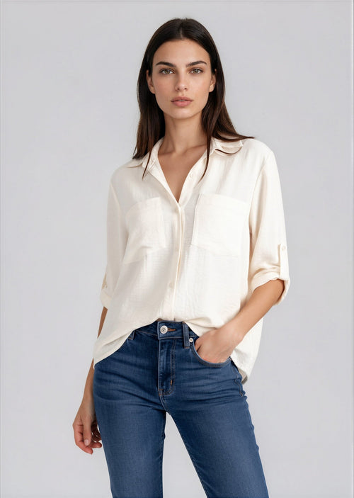 CICI women's collared double pocket slit back blouse - Yana K Collective