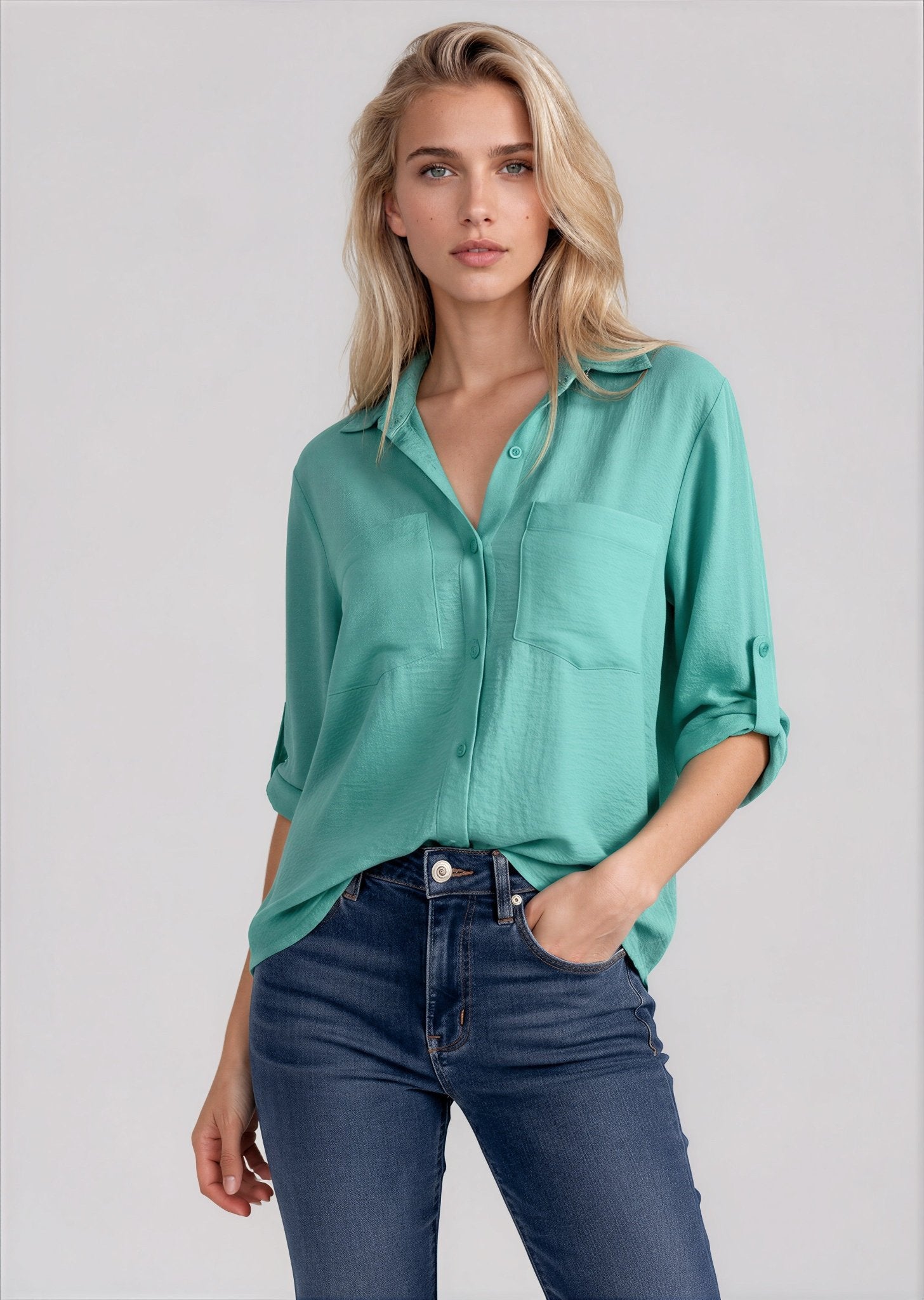 CICI women's collared double pocket slit back blouse - Yana K Collective