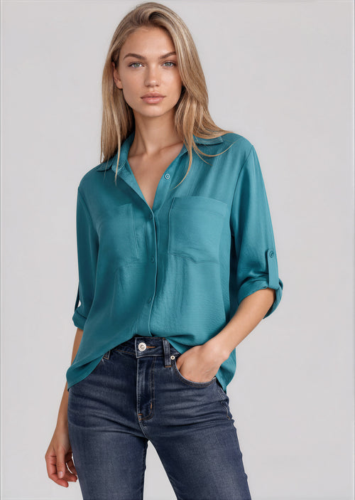 CICI women's collared double pocket slit back blouse - Yana K Collective