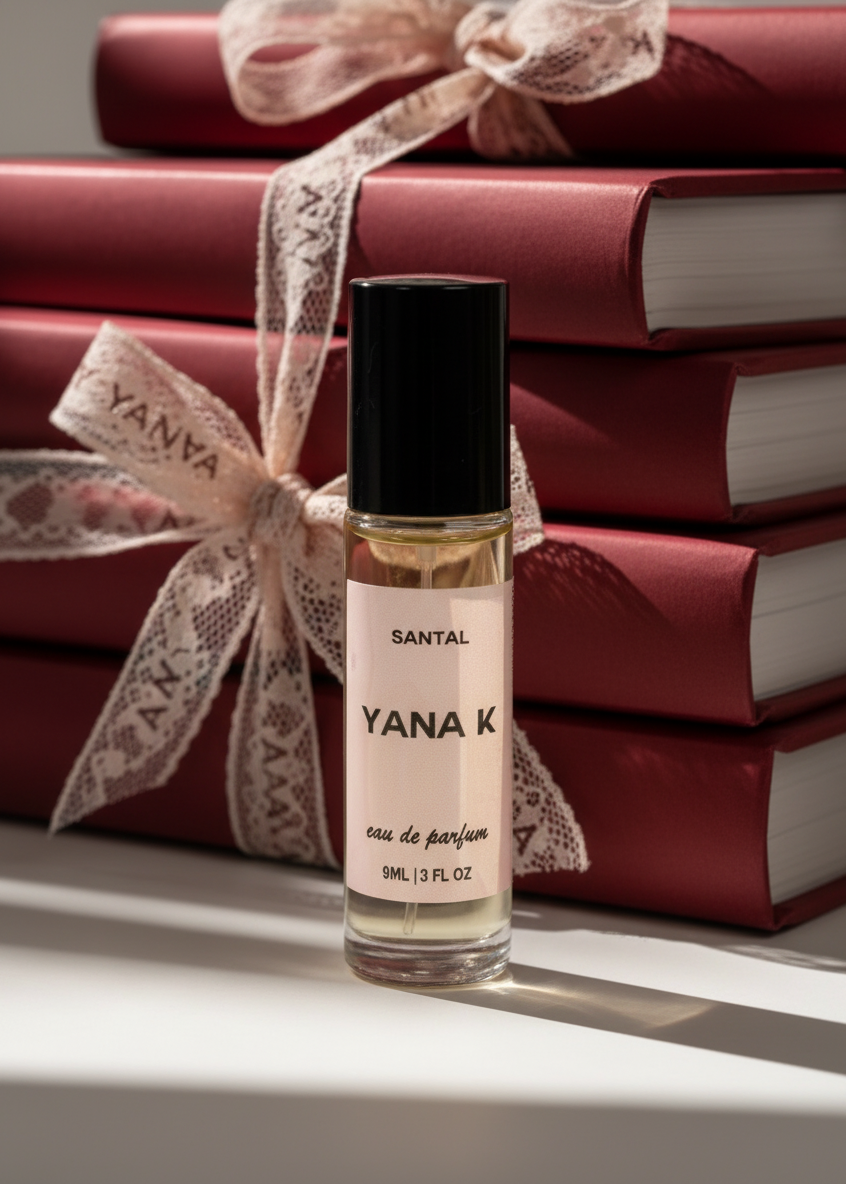 YANA K Santal perfume bottle with red wrapped books in the background