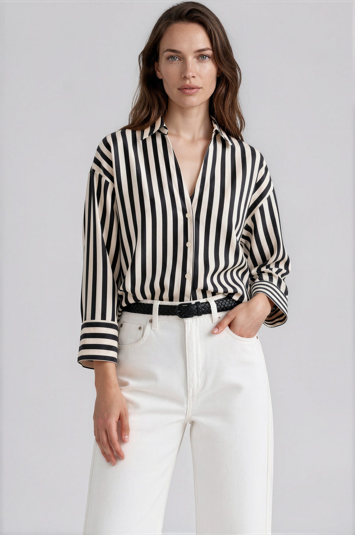 FAIRCHILD women's oversize collared striped long sleeve cuff blouse - 26|27 - YANA K
