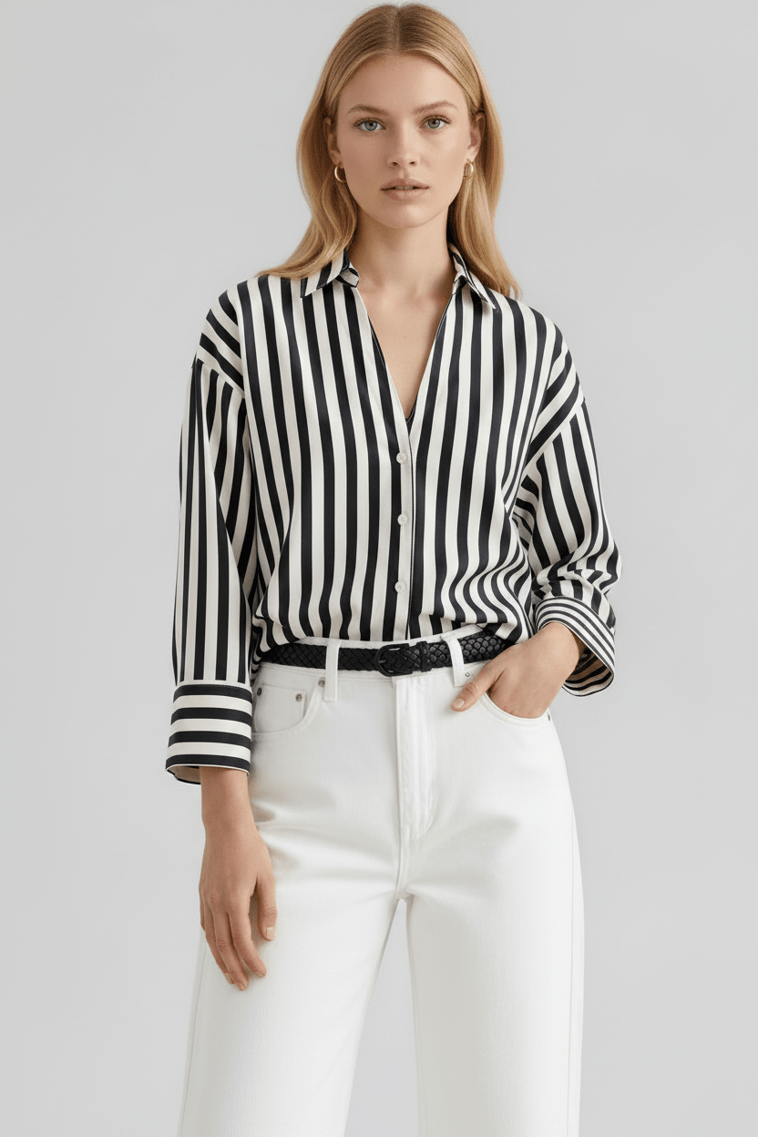 FAIRCHILD women's oversize collared striped long sleeve cuff blouse - 26|27 - YANA K