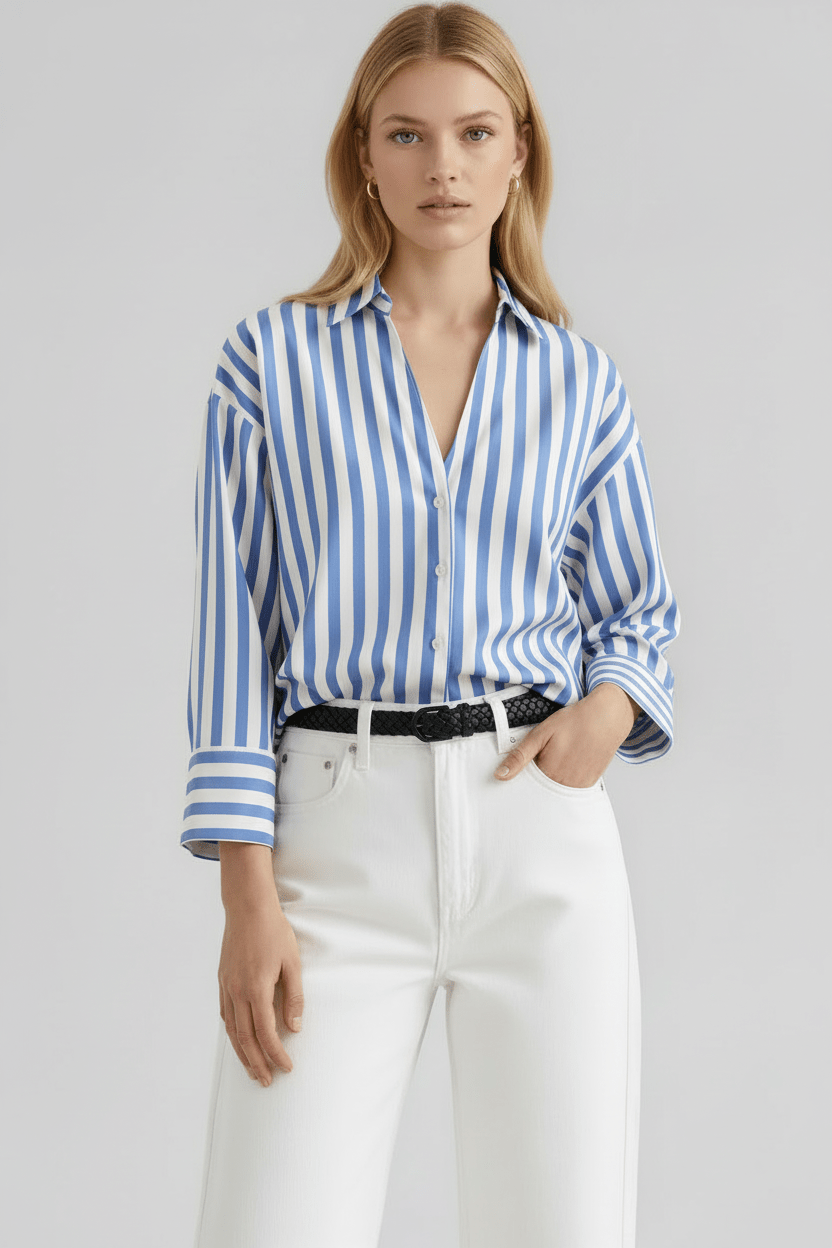 FAIRCHILD women's oversize collared striped long sleeve cuff blouse - 26|27 - YANA K