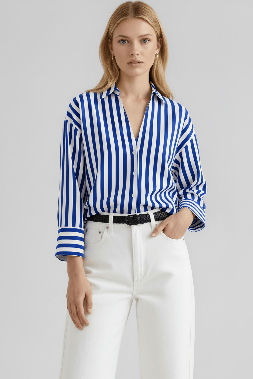FAIRCHILD women's oversize collared striped long sleeve cuff blouse - 26|27 - YANA K